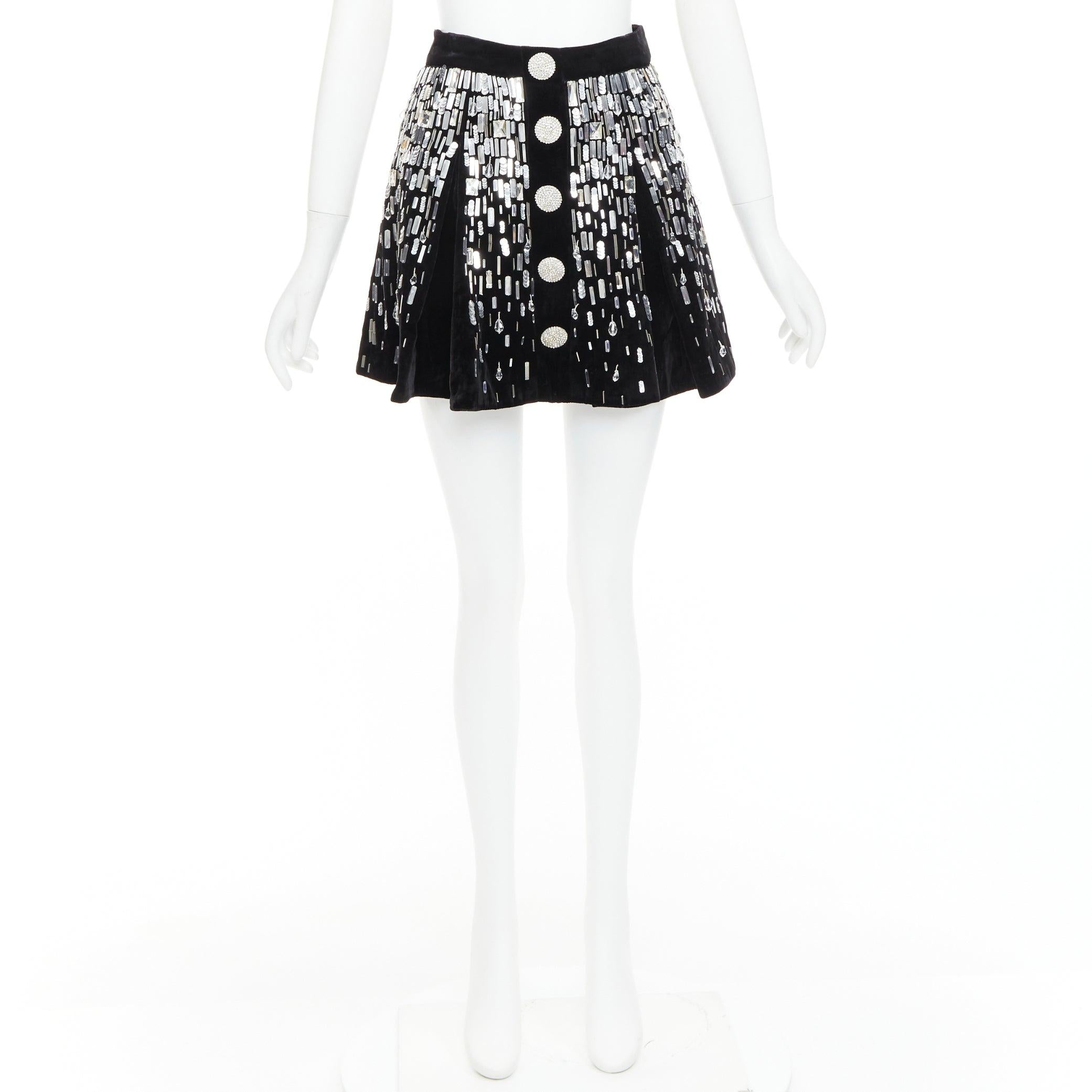 Balmain Skater impreziosito nero argento perline paillettes flare mini gonna FR34 XS in vendita 4