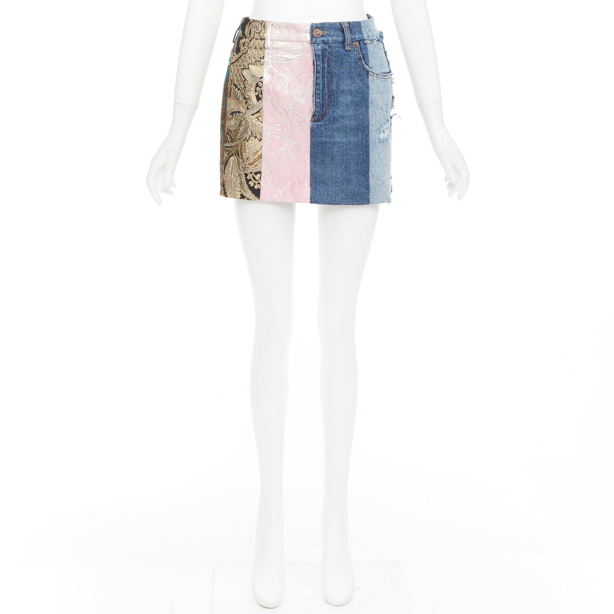DOLCE GABBANA Minifalda vaquera patchwork jacquard azul oro IT38 XS en venta 4