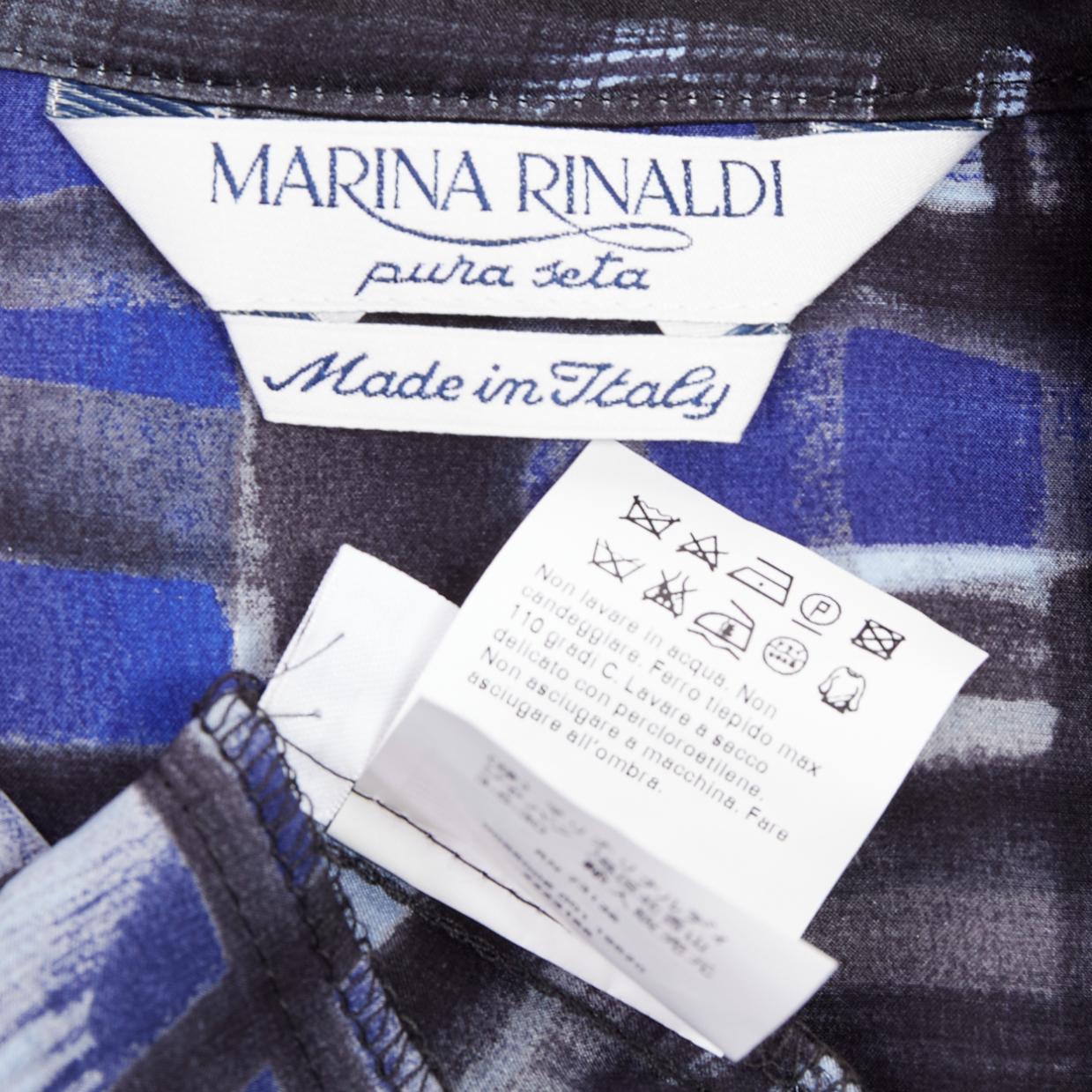 MARINA RINALDI 100% soie bleu noir imprimé brosse robe chemise ceinturée Sz.15 M en vente 3