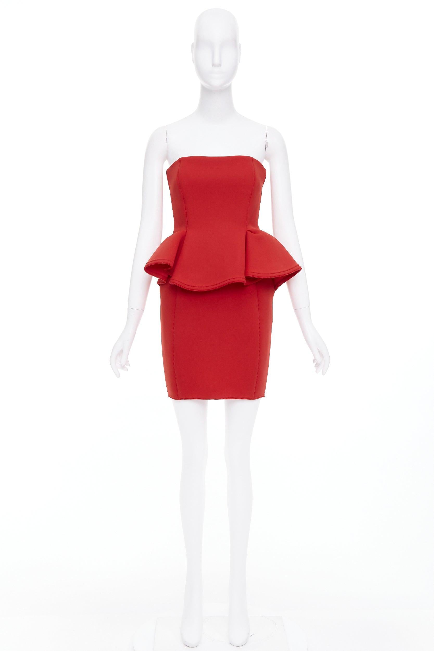 LANVIN Alber Elbaz signature rouge robe péplum en néoprène à bretelles zippée FR34 XS en vente 4