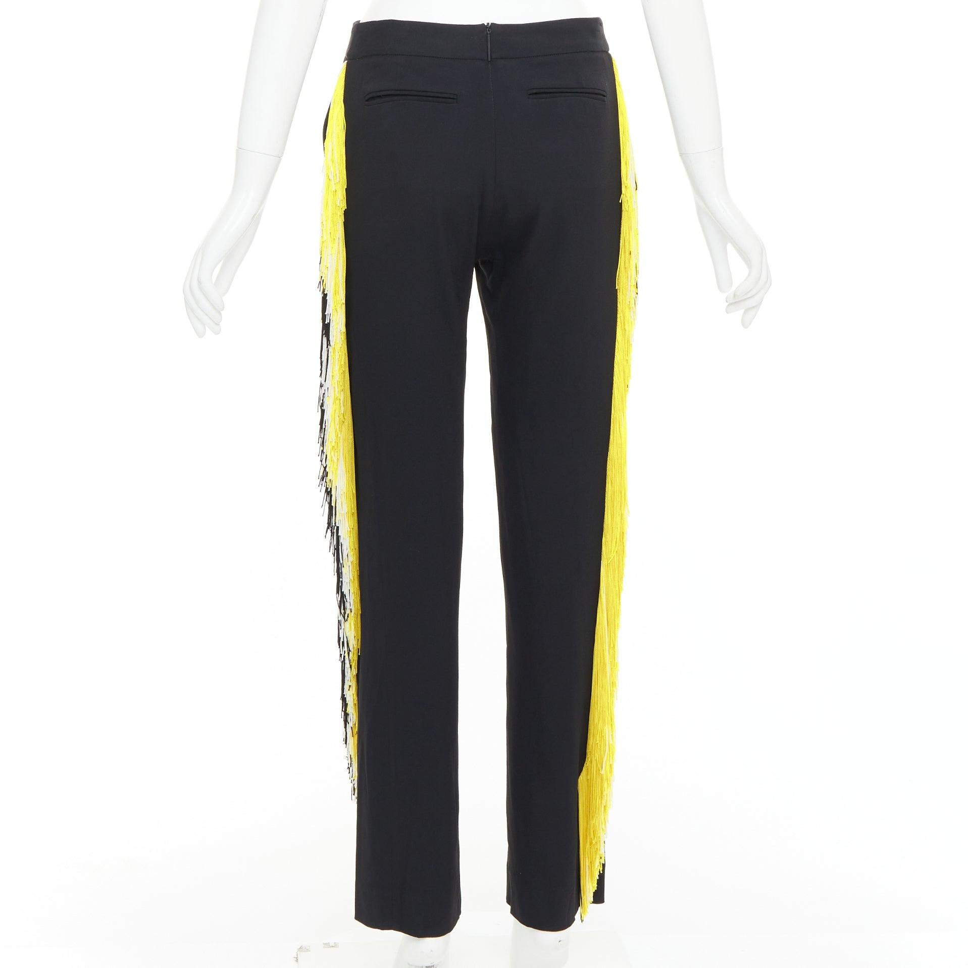 Donna Christopher Kane pantaloni neri in georgette gialla e bianca con frange UK8 S in vendita
