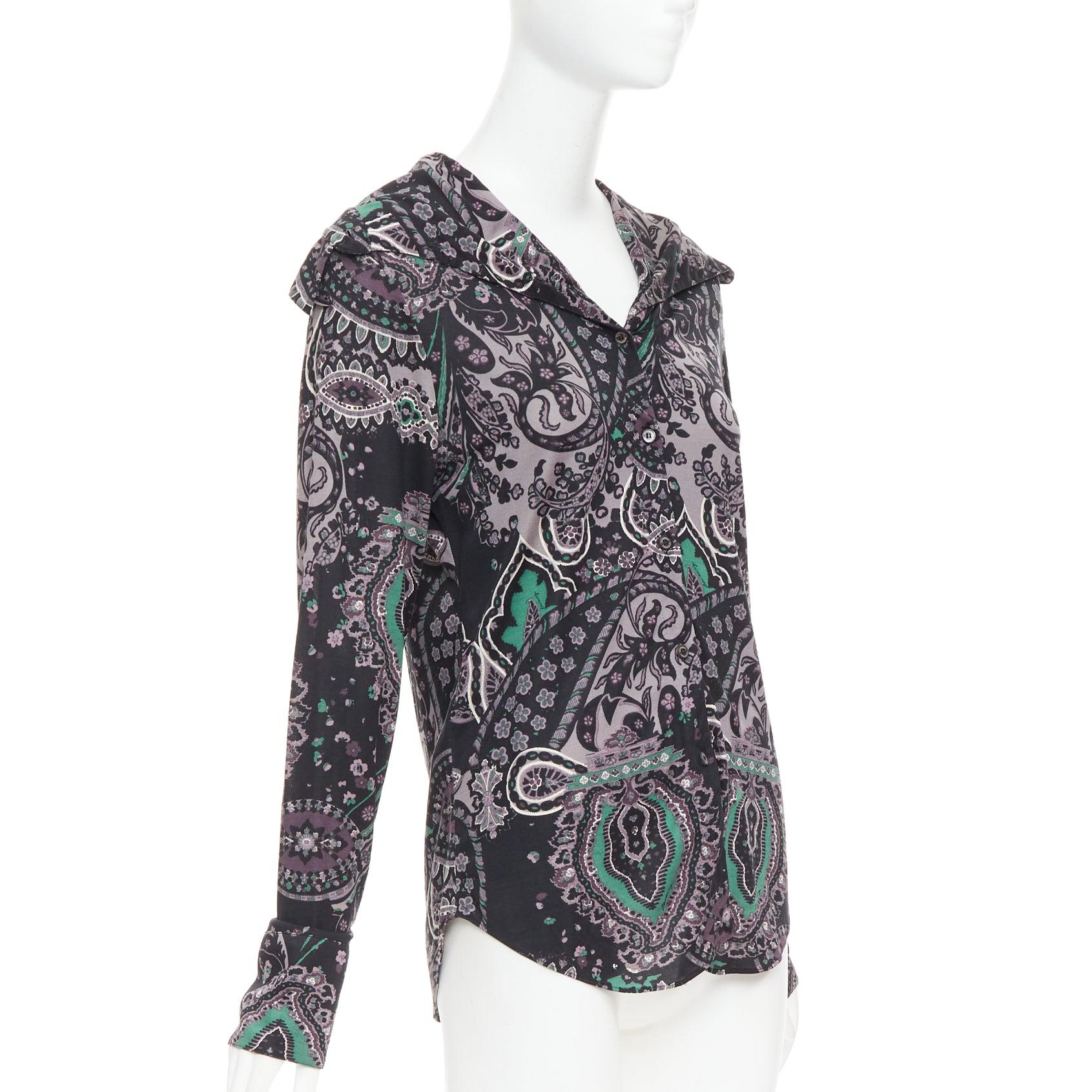 Noir BURBERRY 100% soie noir violet vert gris chemise imprimée paisley M en vente