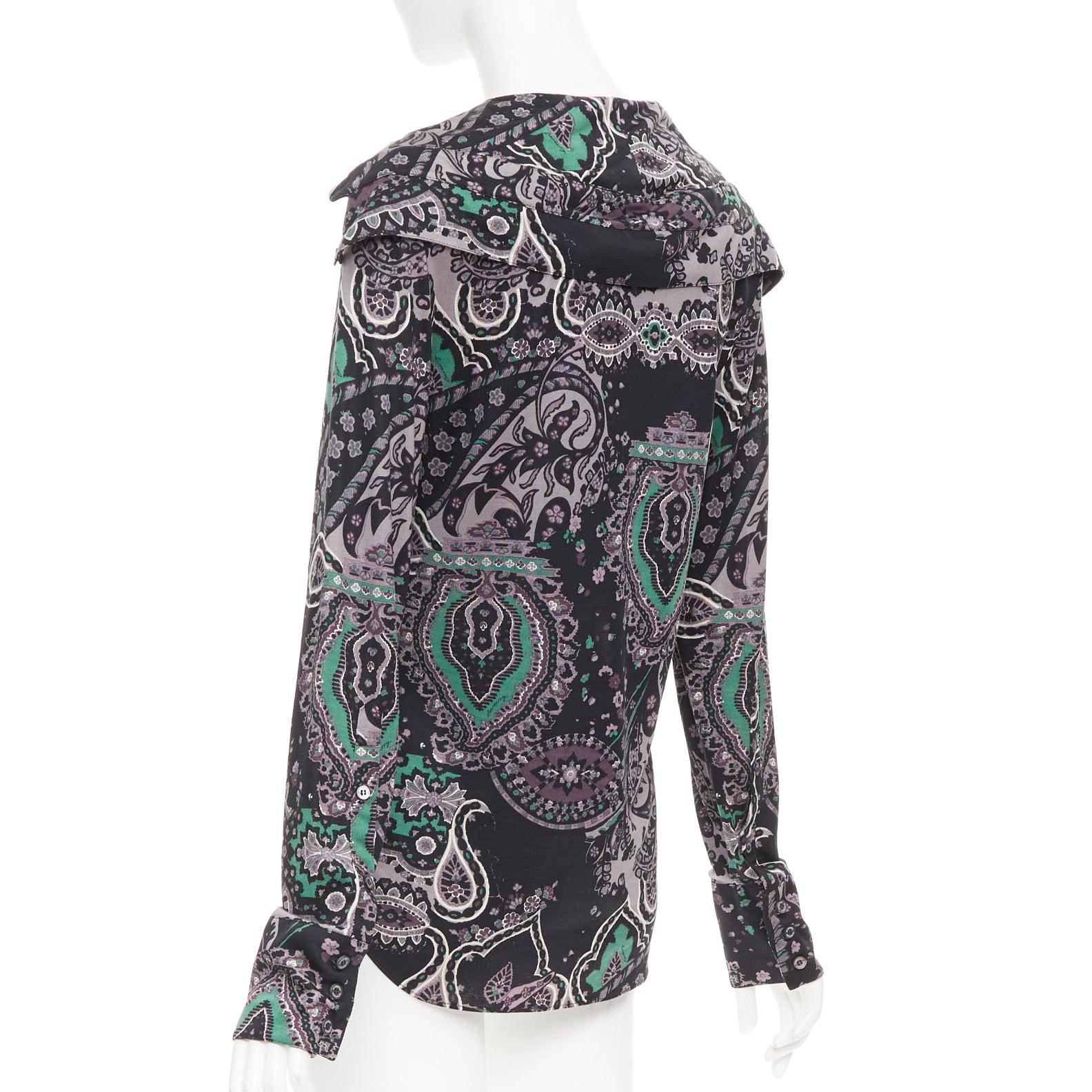 BURBERRY 100% soie noir violet vert gris chemise imprimée paisley M en vente 1