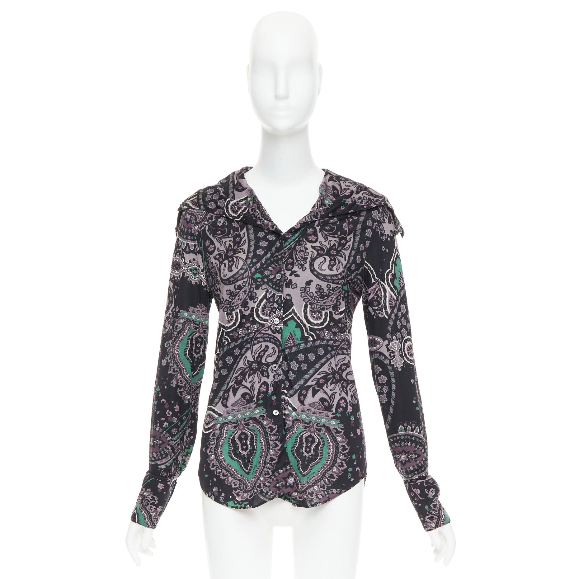 BURBERRY 100% soie noir violet vert gris chemise imprimée paisley M en vente 4