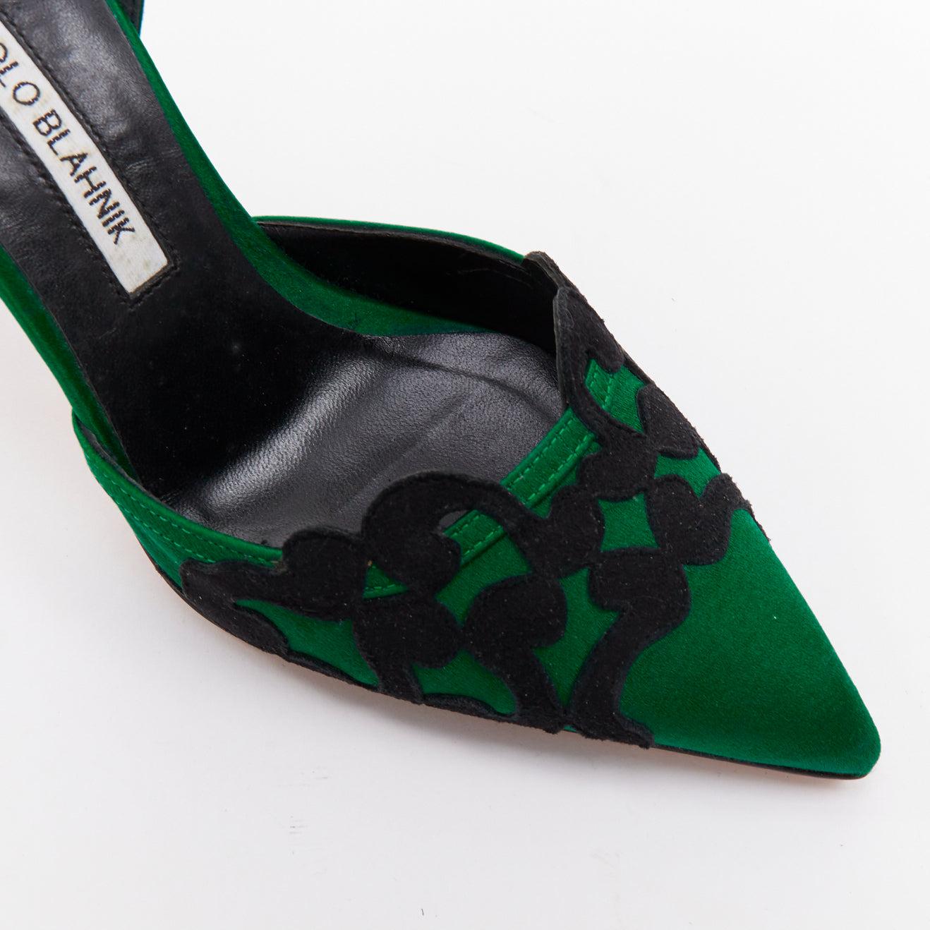 MANOLO BLAHNIK Décolleté vintage in raso verde e pizzo nero con rocchetto, EU35 in vendita 2