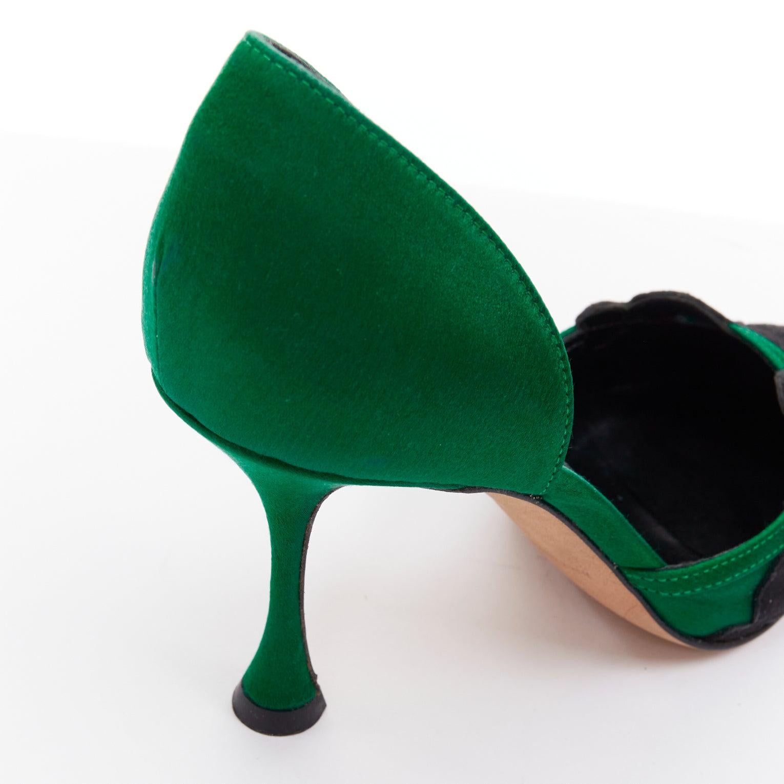 MANOLO BLAHNIK Décolleté vintage in raso verde e pizzo nero con rocchetto, EU35 in vendita 3