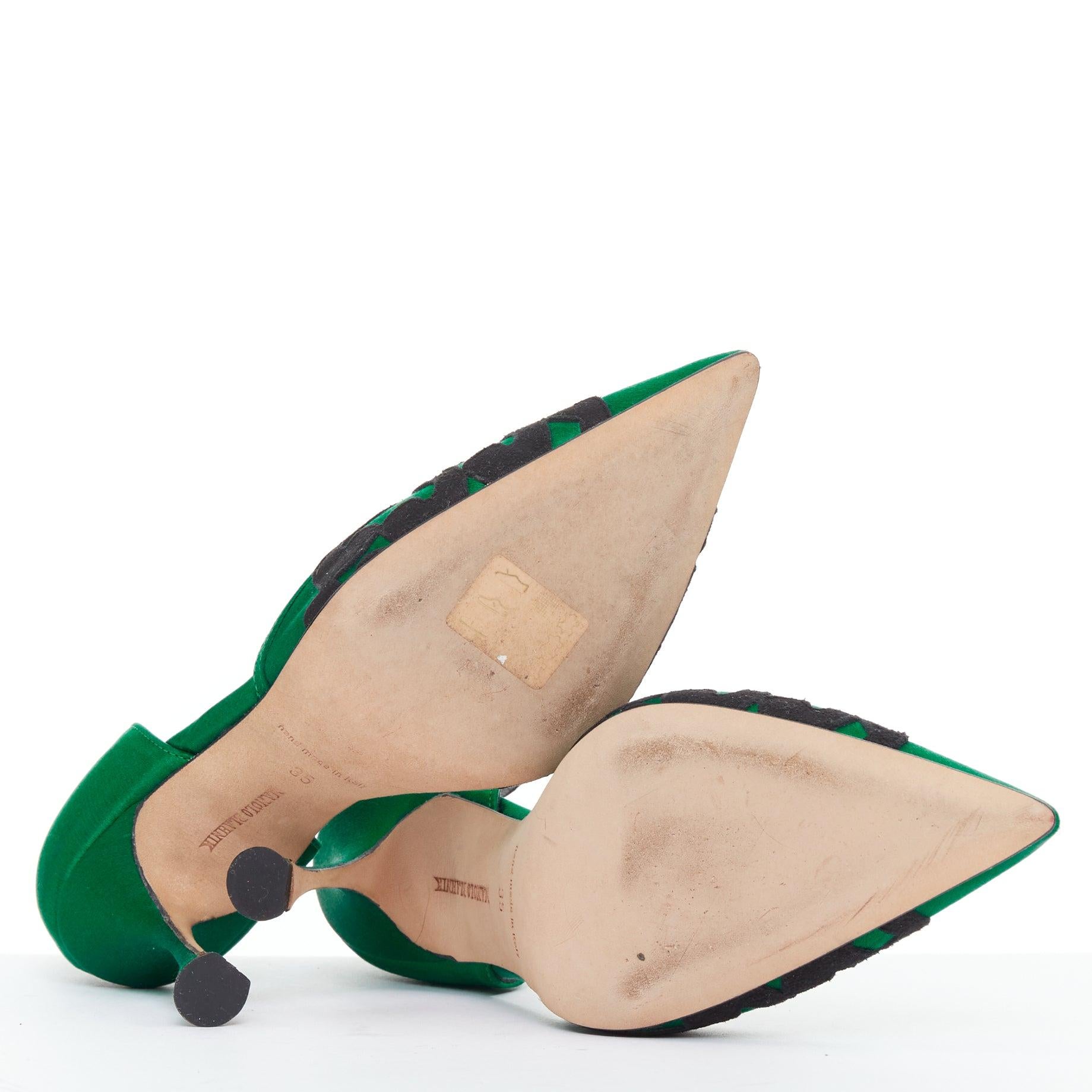 MANOLO BLAHNIK Décolleté vintage in raso verde e pizzo nero con rocchetto, EU35 in vendita 6