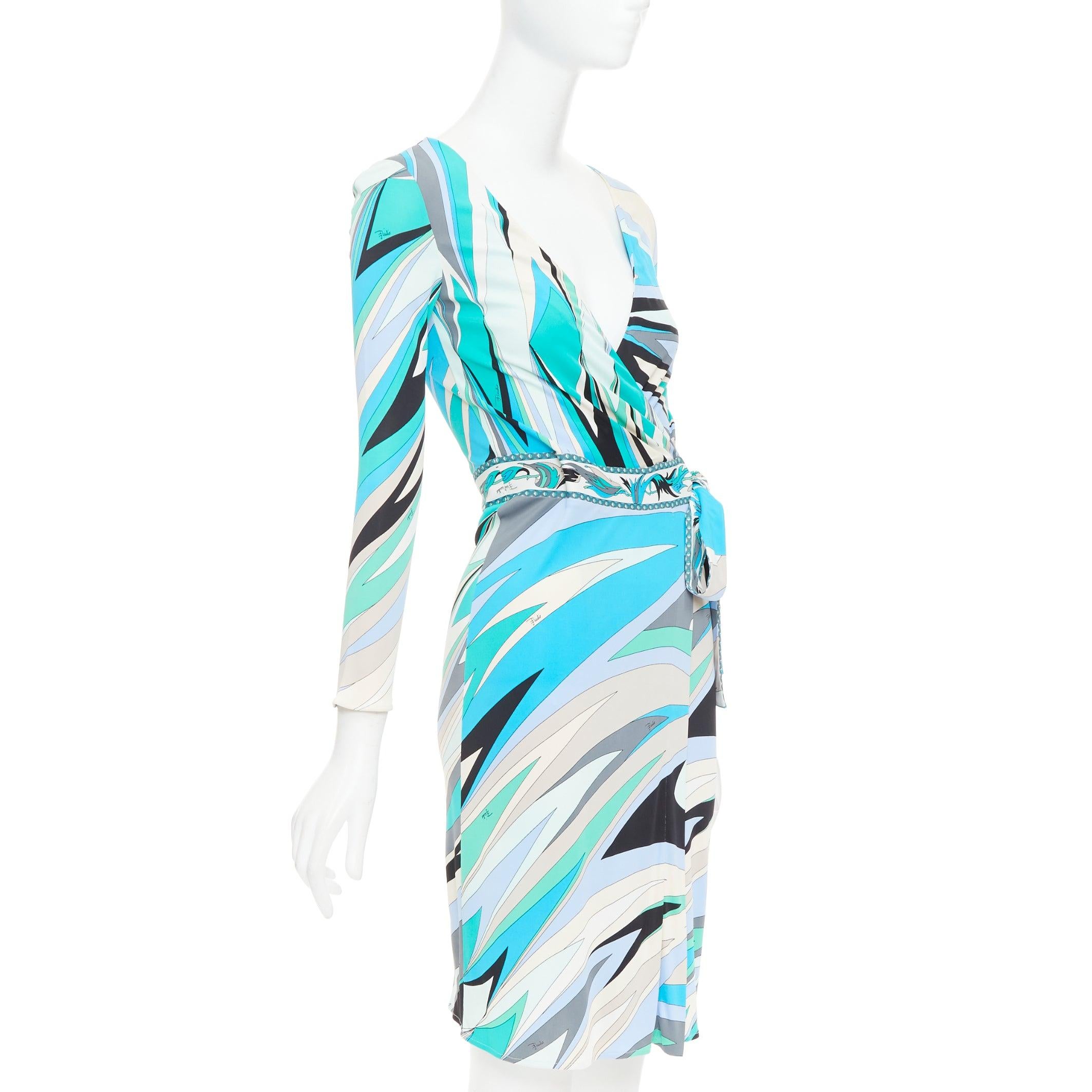 EMILIO PUCCI blau teal nude twirl print Viskose Krawatte Wrap Kleid IT38 XS (Blau) im Angebot