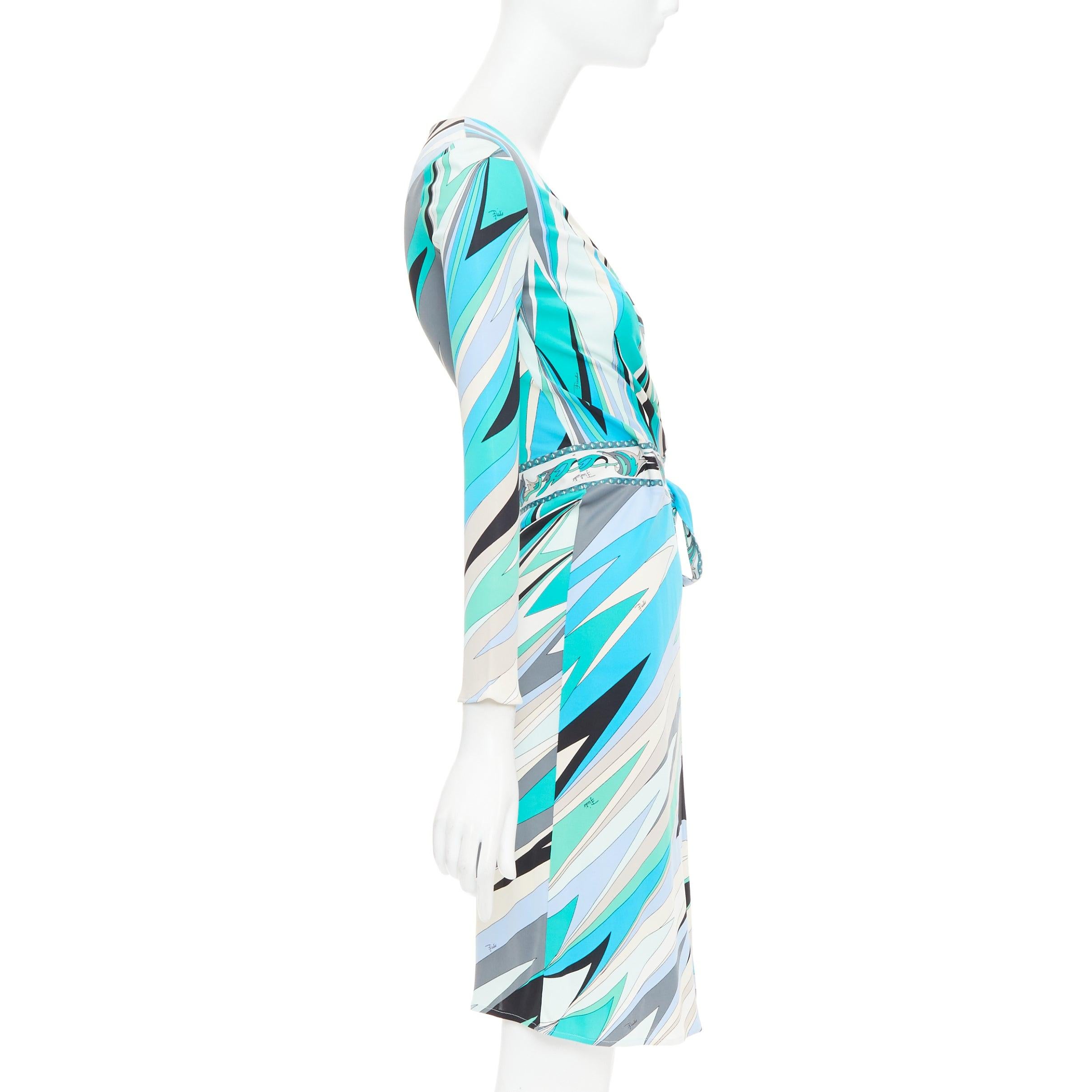 EMILIO PUCCI blau teal nude twirl print Viskose Krawatte Wrap Kleid IT38 XS im Zustand „Gut“ im Angebot in Hong Kong, NT
