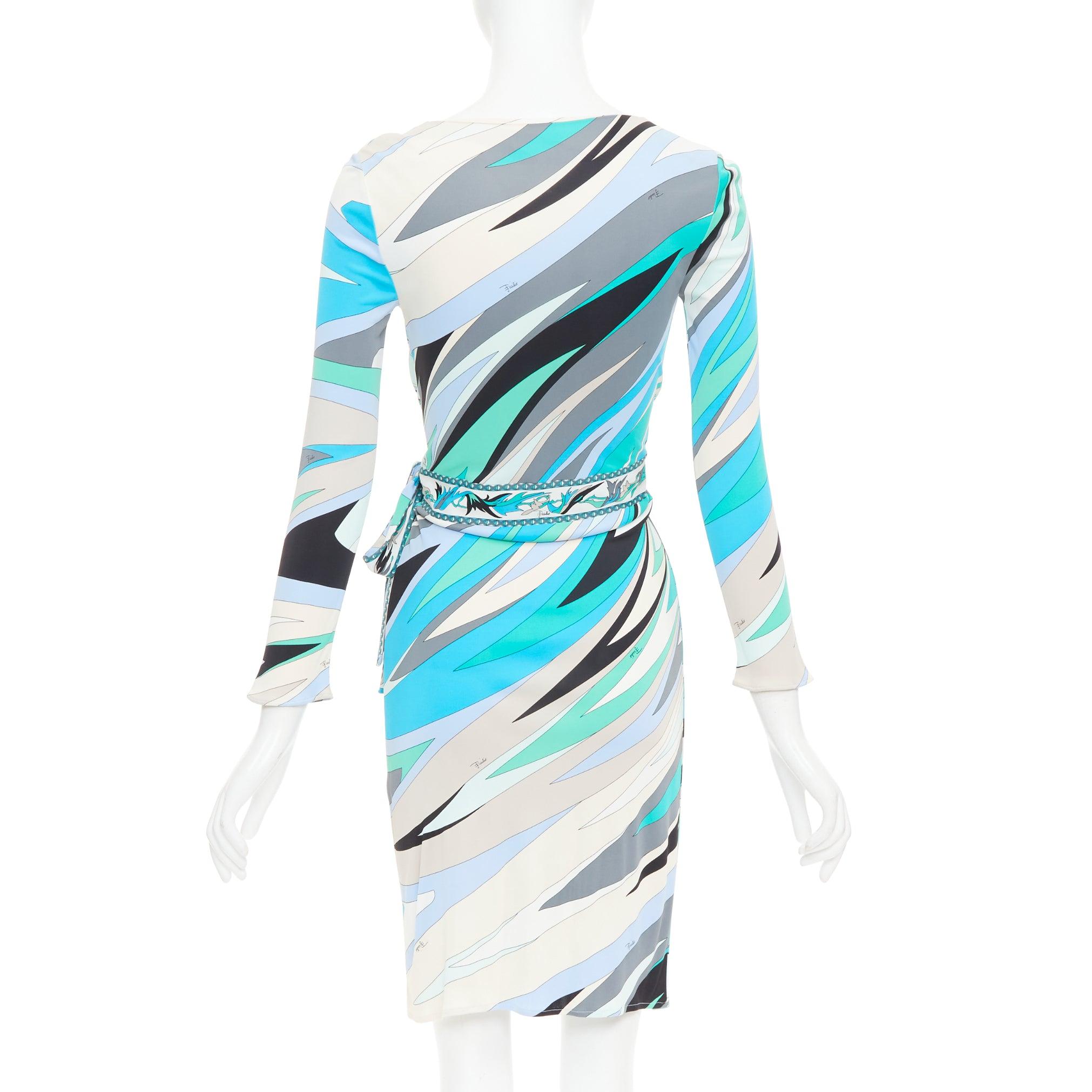 EMILIO PUCCI blau teal nude twirl print Viskose Krawatte Wrap Kleid IT38 XS Damen im Angebot