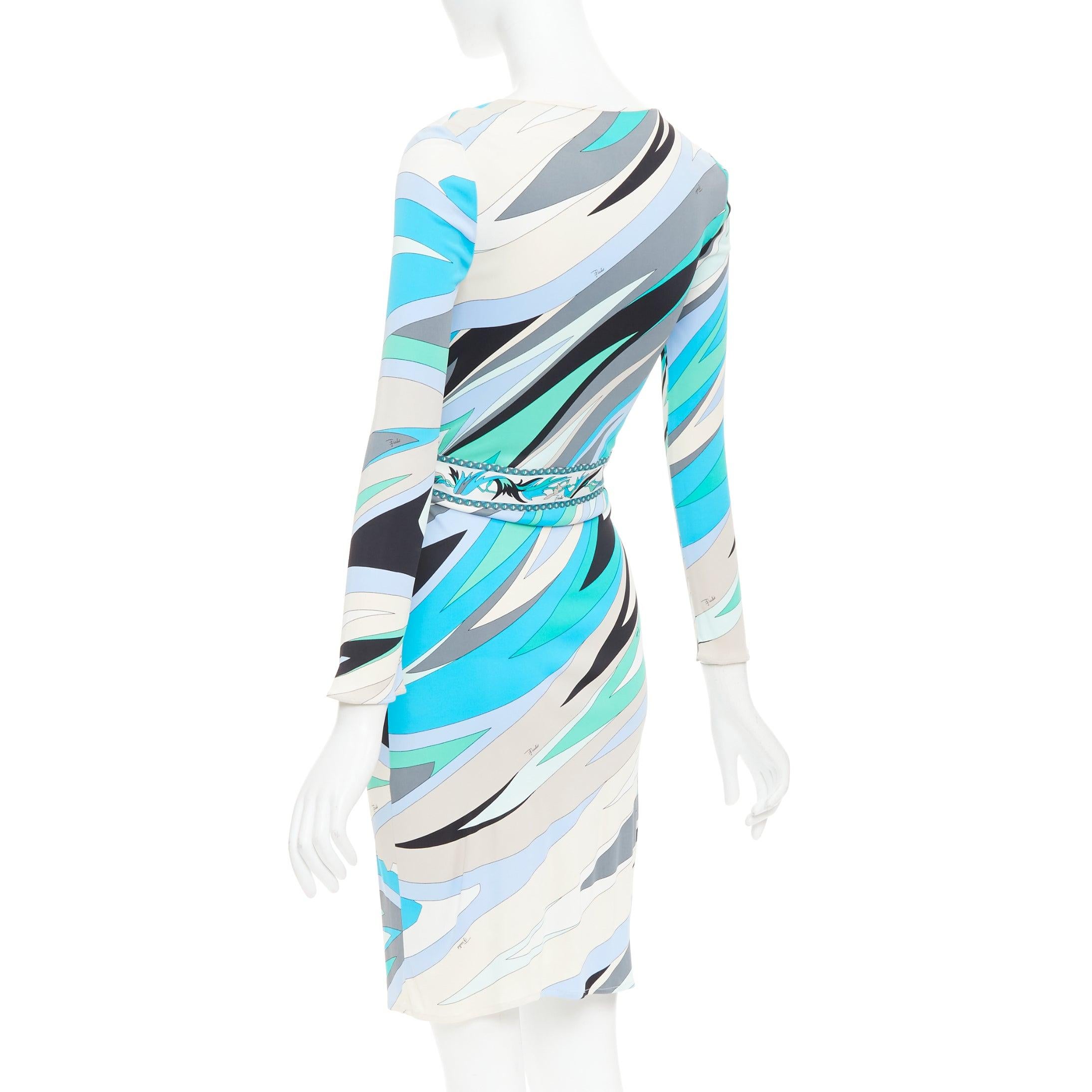 EMILIO PUCCI blau teal nude twirl print Viskose Krawatte Wrap Kleid IT38 XS im Angebot 1