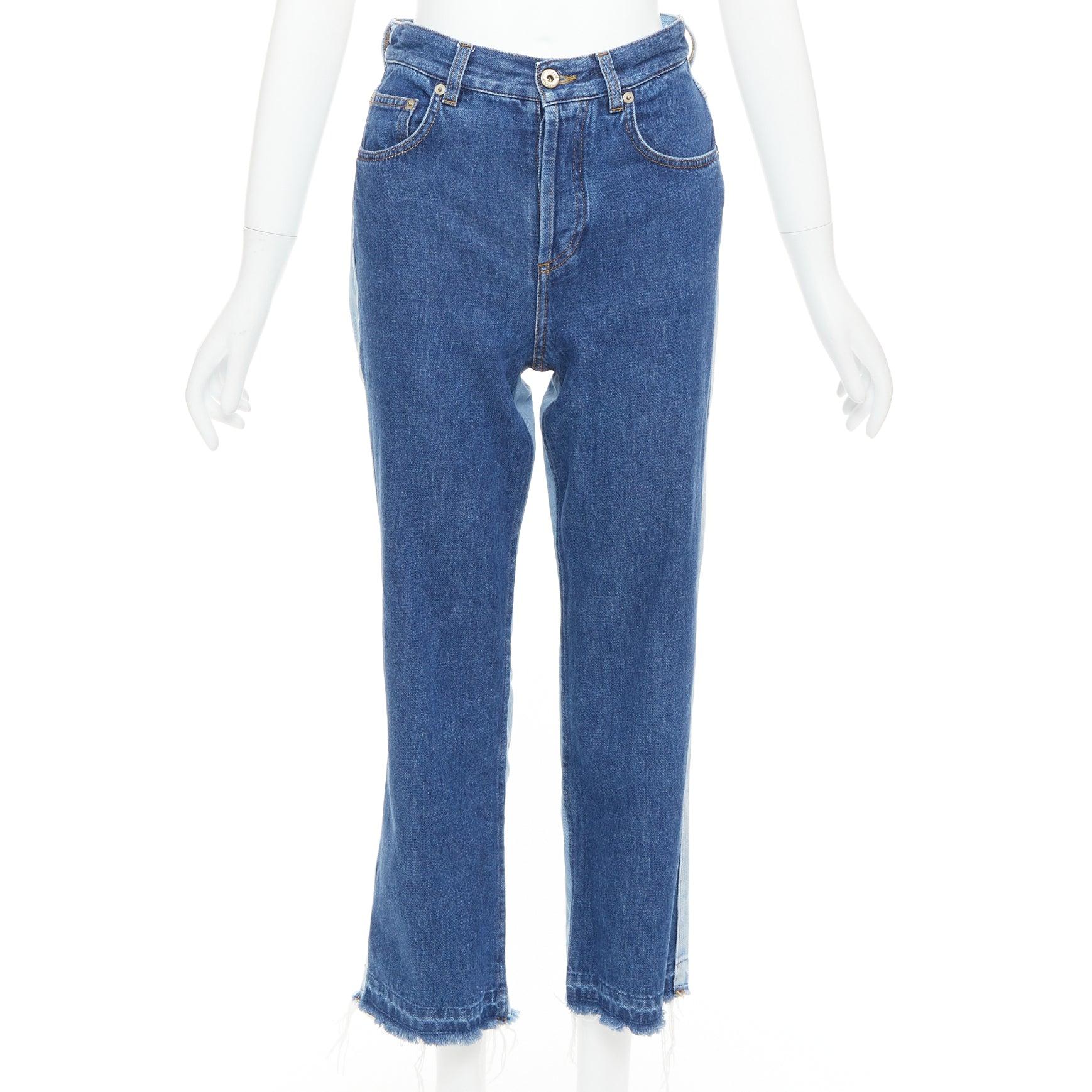 LOEWE blue washed frayed edge mismatch patchwork cropped jeans FR34 XS Azul en venta