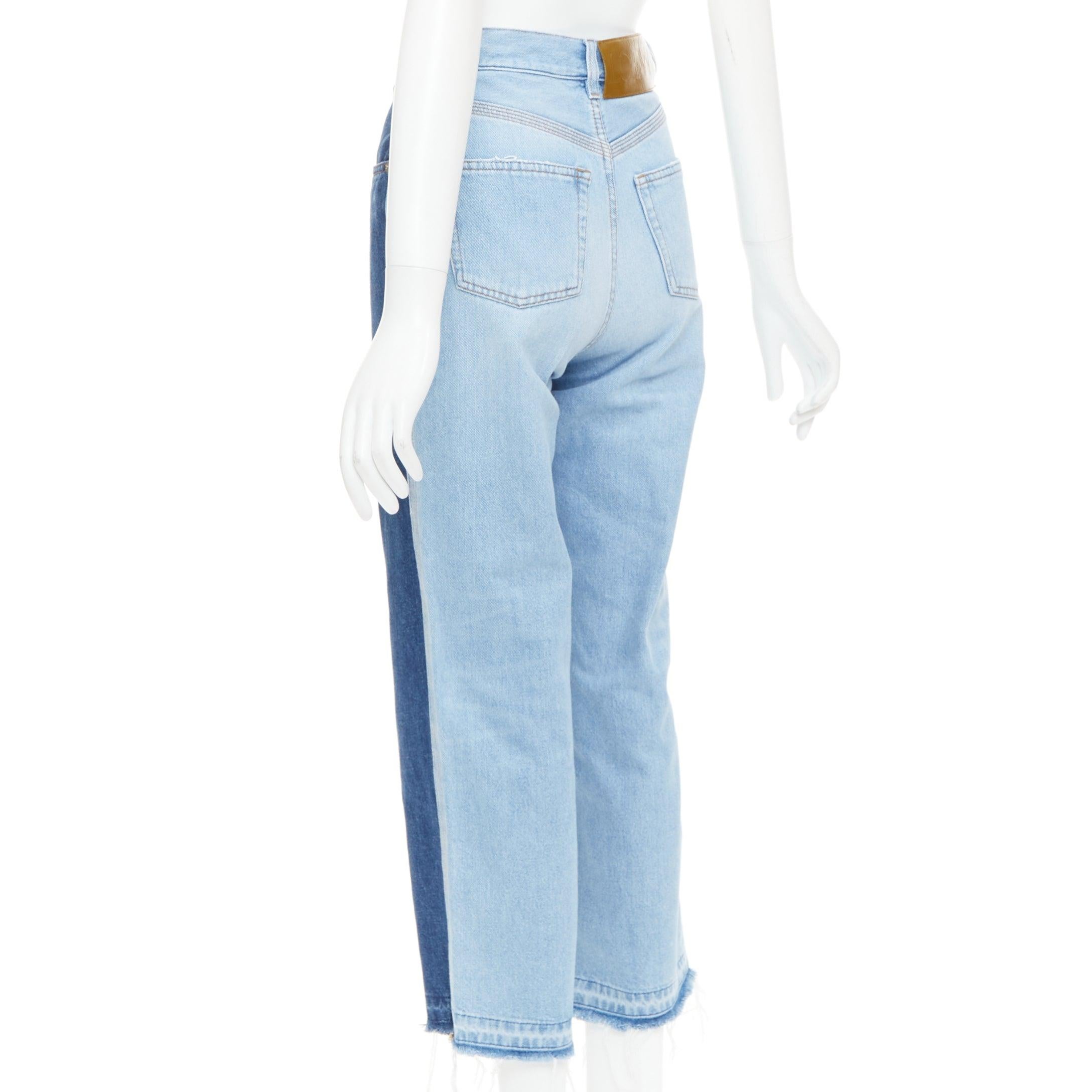 LOEWE blue washed frayed edge mismatch patchwork cropped jeans FR34 XS en venta 1