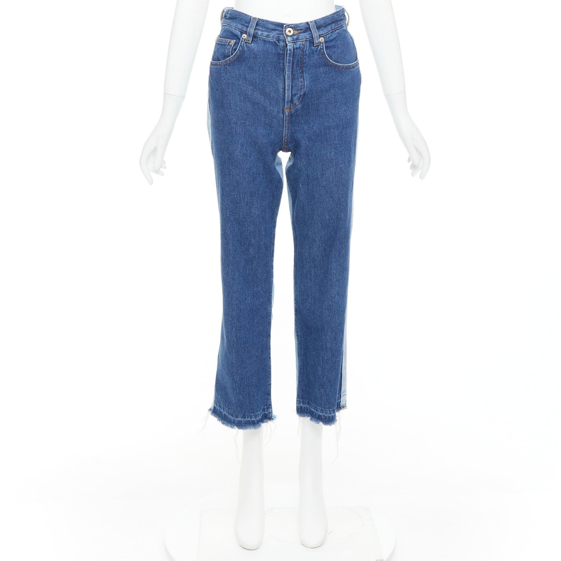 LOEWE blue washed frayed edge mismatch patchwork cropped jeans FR34 XS en venta 4