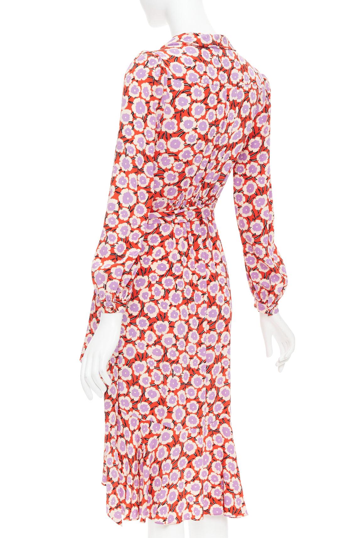 DIANE VON Furstenberg Carla  100% soie  robe portefeuille à fleurs rouges et violettes US2 S en vente 1