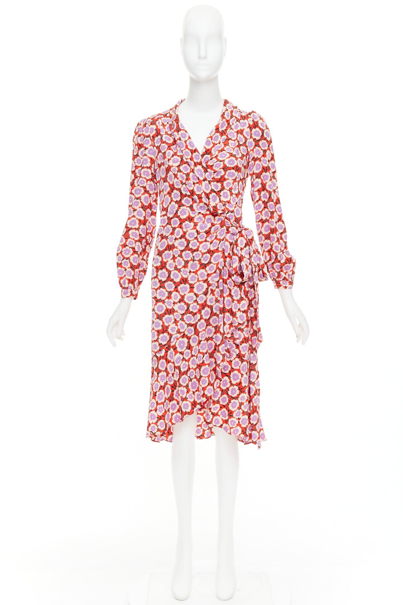 DIANE VON Furstenberg Carla  100% soie  robe portefeuille à fleurs rouges et violettes US2 S en vente 4