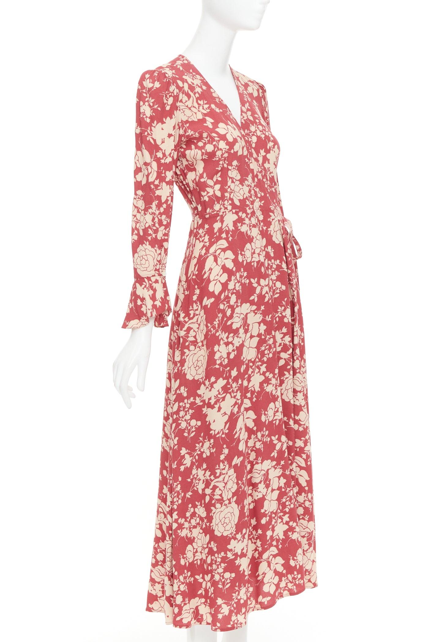 Marron POLO RALPH LAUREN rouge beige robe cache-cœur à manches évasées imprimée floral US2 S en vente