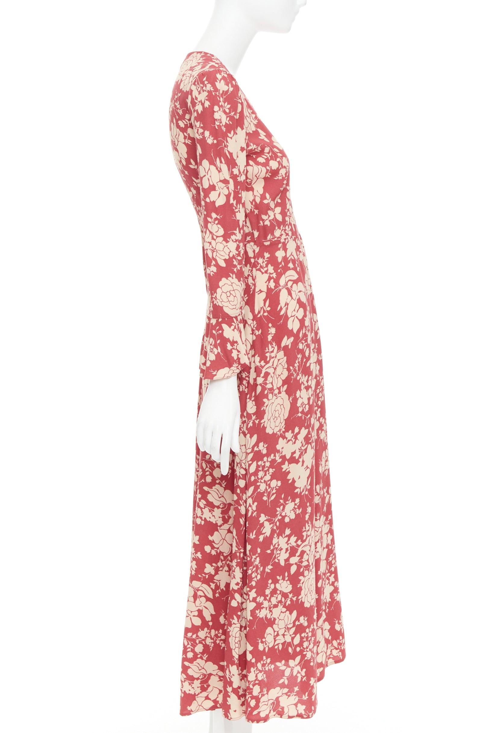 POLO RALPH LAUREN rouge beige robe cache-cœur à manches évasées imprimée floral US2 S Excellent état - En vente à Hong Kong, NT