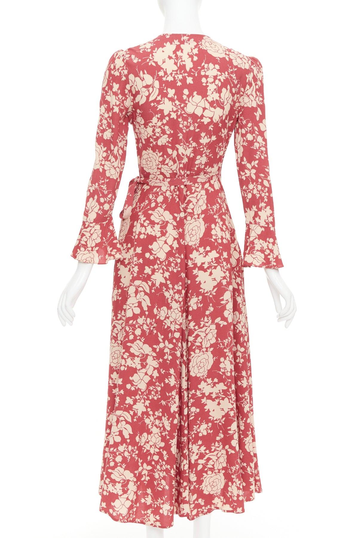POLO RALPH LAUREN rouge beige robe cache-cœur à manches évasées imprimée floral US2 S Pour femmes en vente