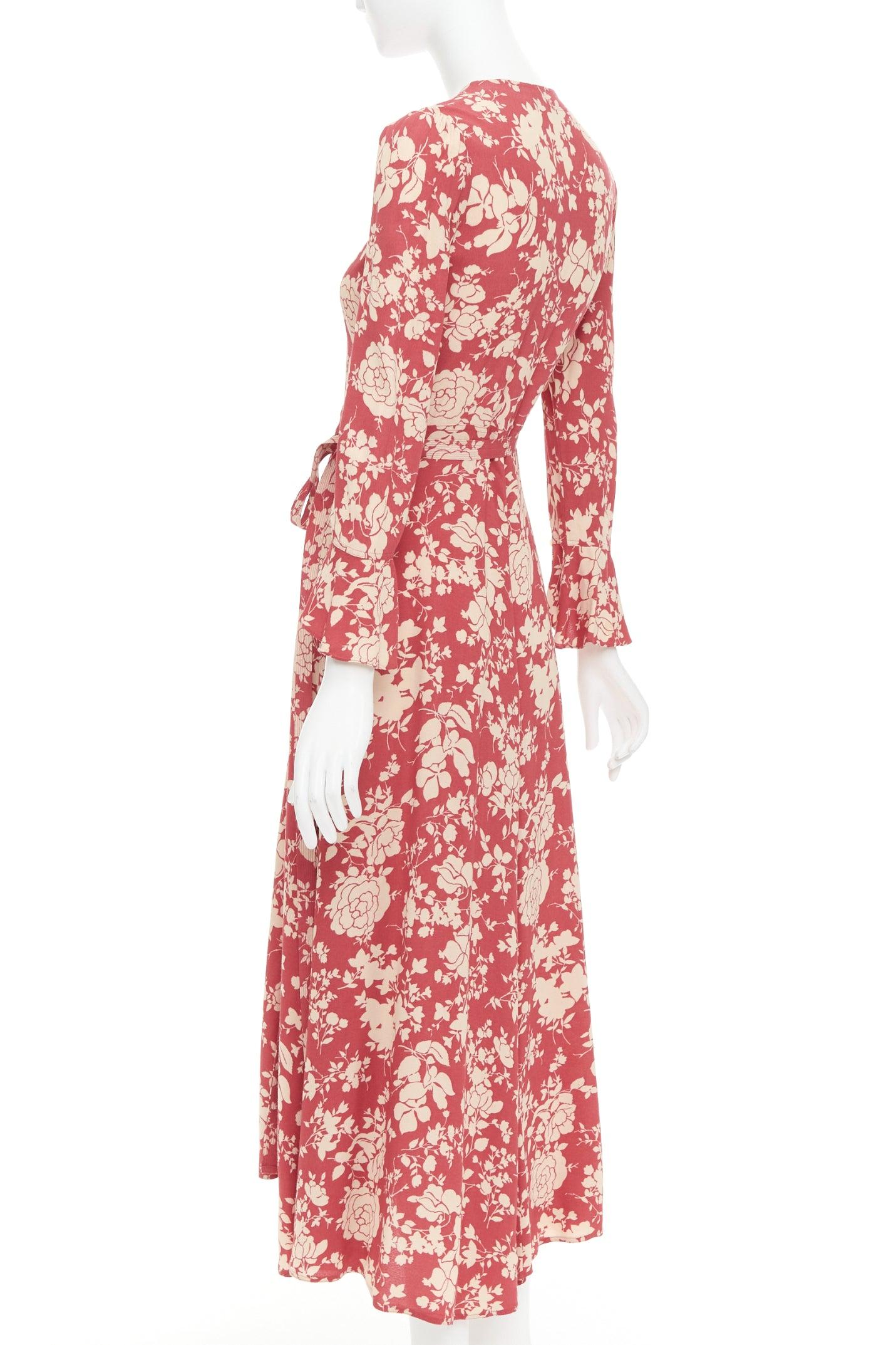 POLO RALPH LAUREN rouge beige robe cache-cœur à manches évasées imprimée floral US2 S en vente 1