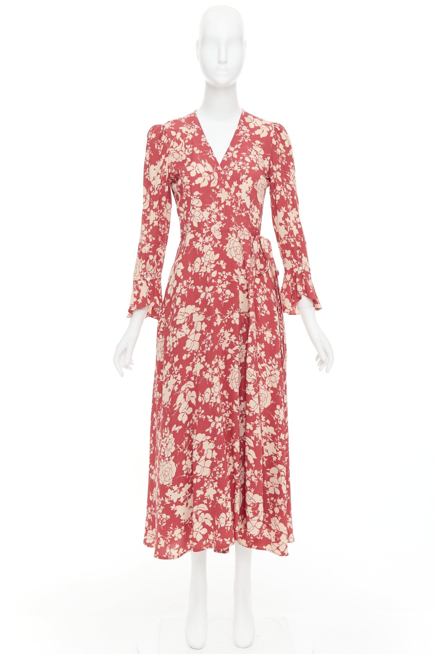 POLO RALPH LAUREN rouge beige robe cache-cœur à manches évasées imprimée floral US2 S en vente 4