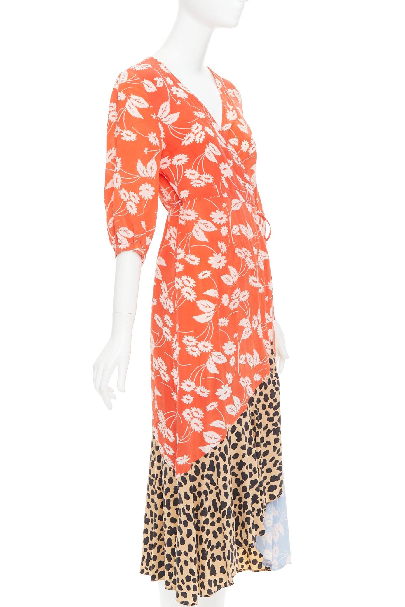 Orange RIXO Noleen 100% soie rouge corail imprimé floral léopard robe portefeuille patchwork S en vente