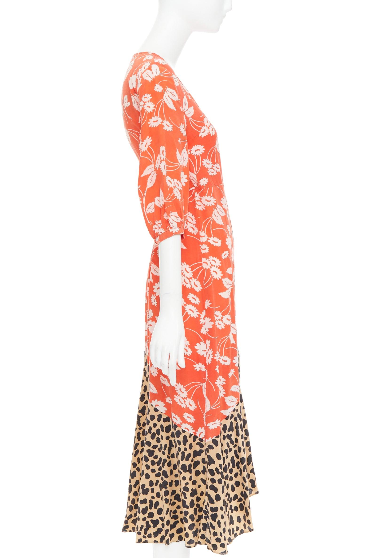 RIXO Noleen 100% soie rouge corail imprimé floral léopard robe portefeuille patchwork S Excellent état - En vente à Hong Kong, NT