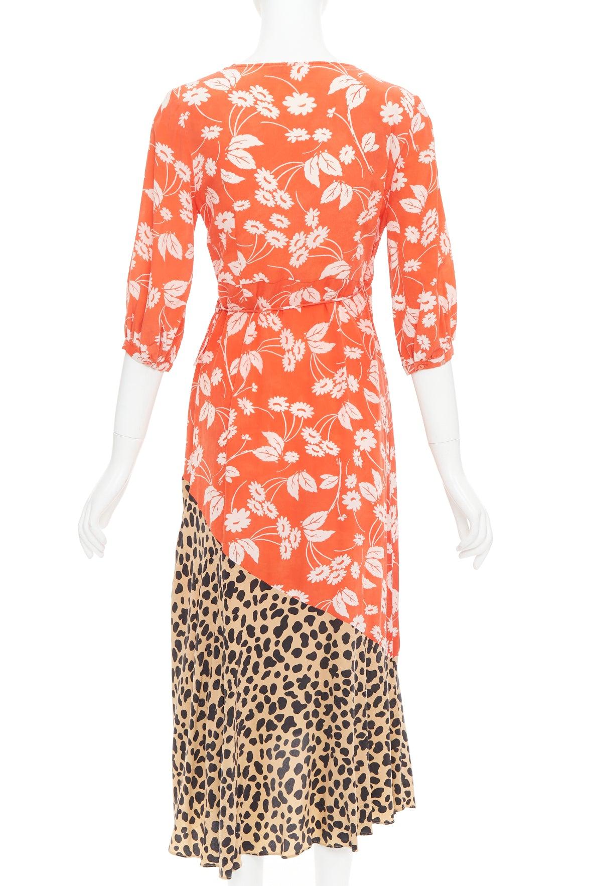 RIXO Noleen 100% soie rouge corail imprimé floral léopard robe portefeuille patchwork S Pour femmes en vente