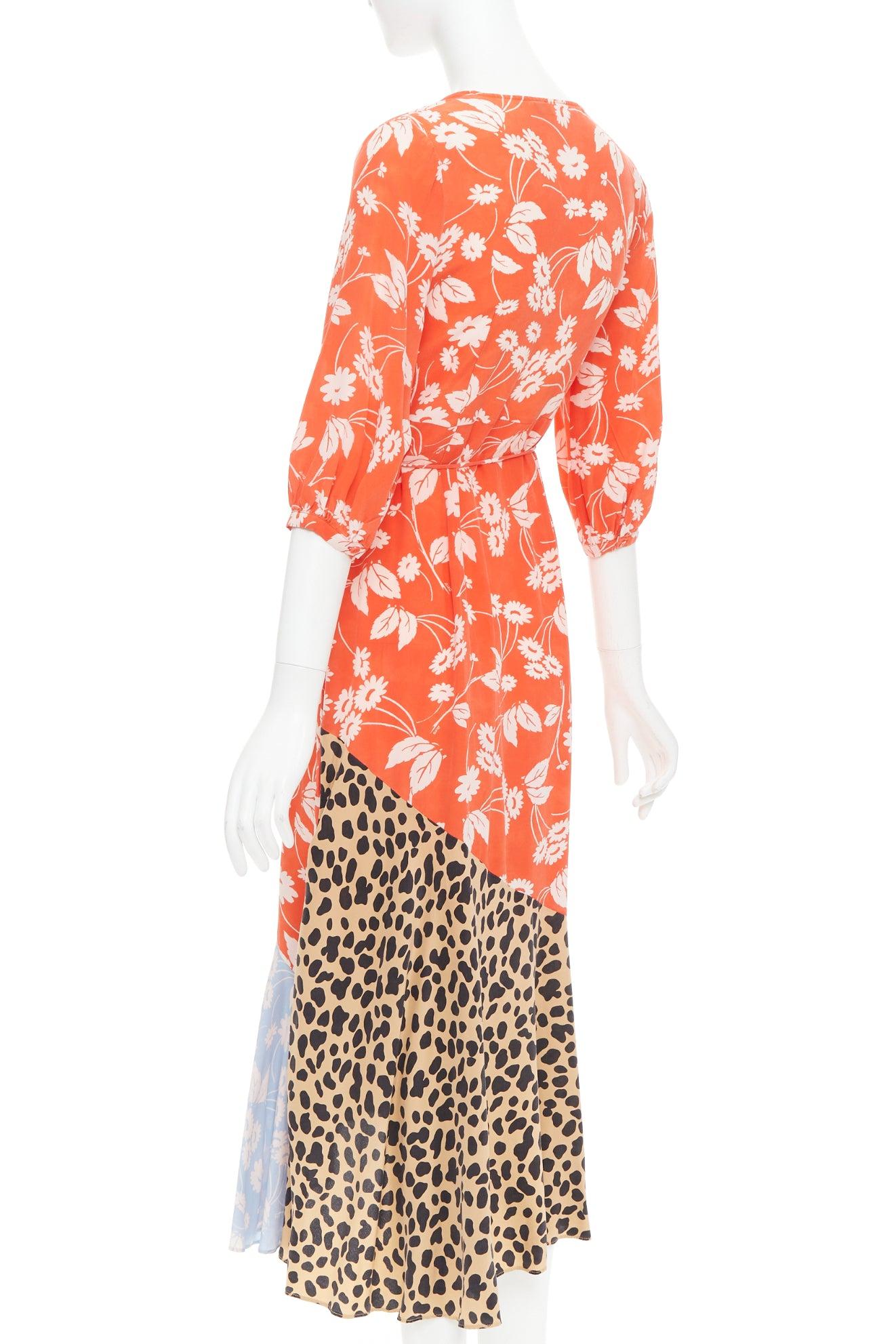 RIXO Noleen 100% soie rouge corail imprimé floral léopard robe portefeuille patchwork S en vente 1