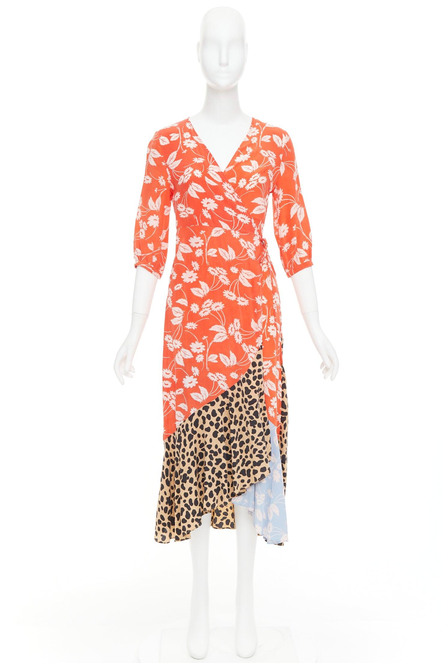 RIXO Noleen 100% soie rouge corail imprimé floral léopard robe portefeuille patchwork S en vente 4
