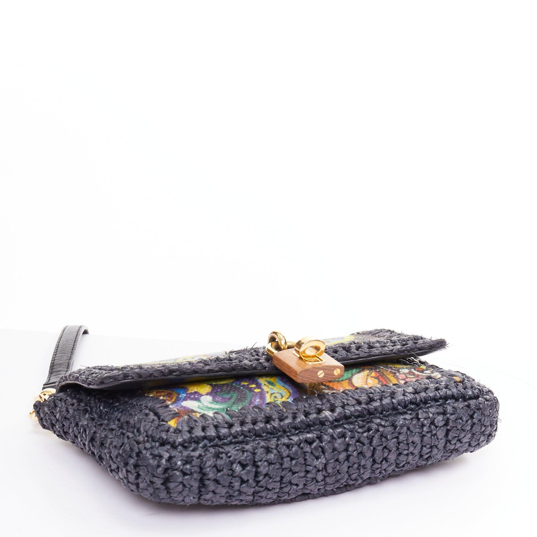 Dolce & Gabbana 2013 Runway navy raffia braid baroque gold lock crossbody bag en vente 1