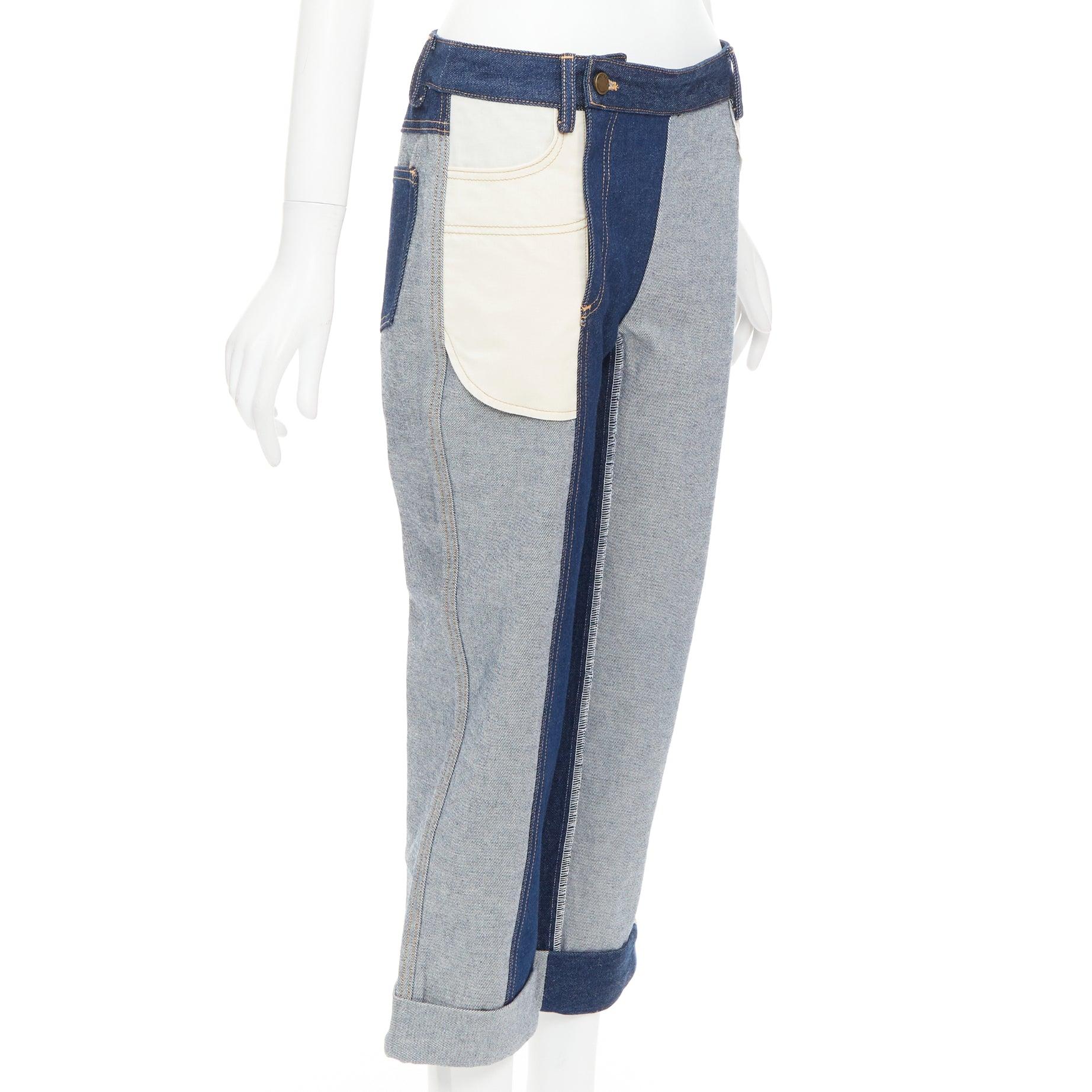 MONSE azul claro oscuro invertido deconstruido patchwork flare cropped jeans US2 S Gris en venta