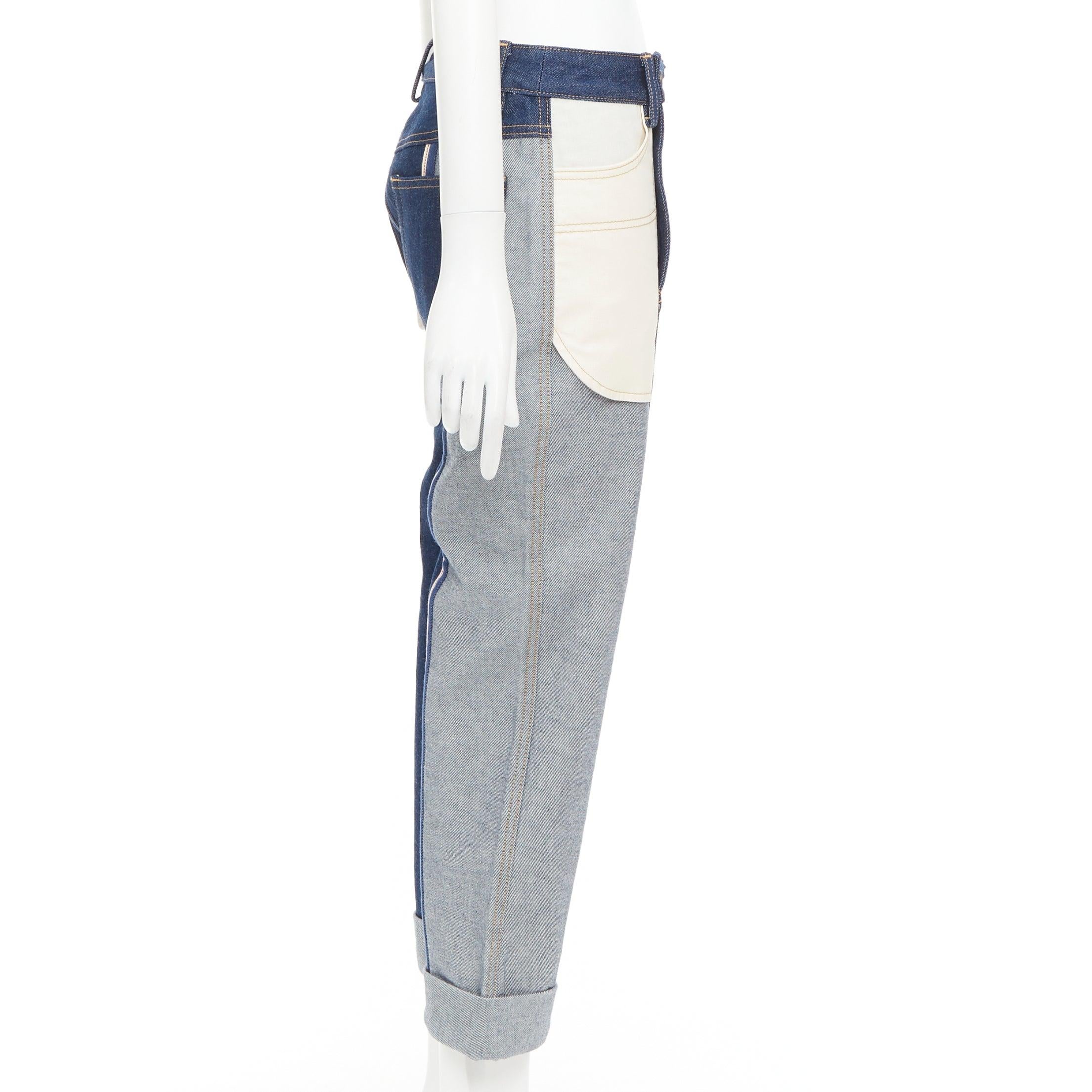 MONSE azul claro oscuro invertido deconstruido patchwork flare cropped jeans US2 S en Excelente estado para la venta en Hong Kong, NT
