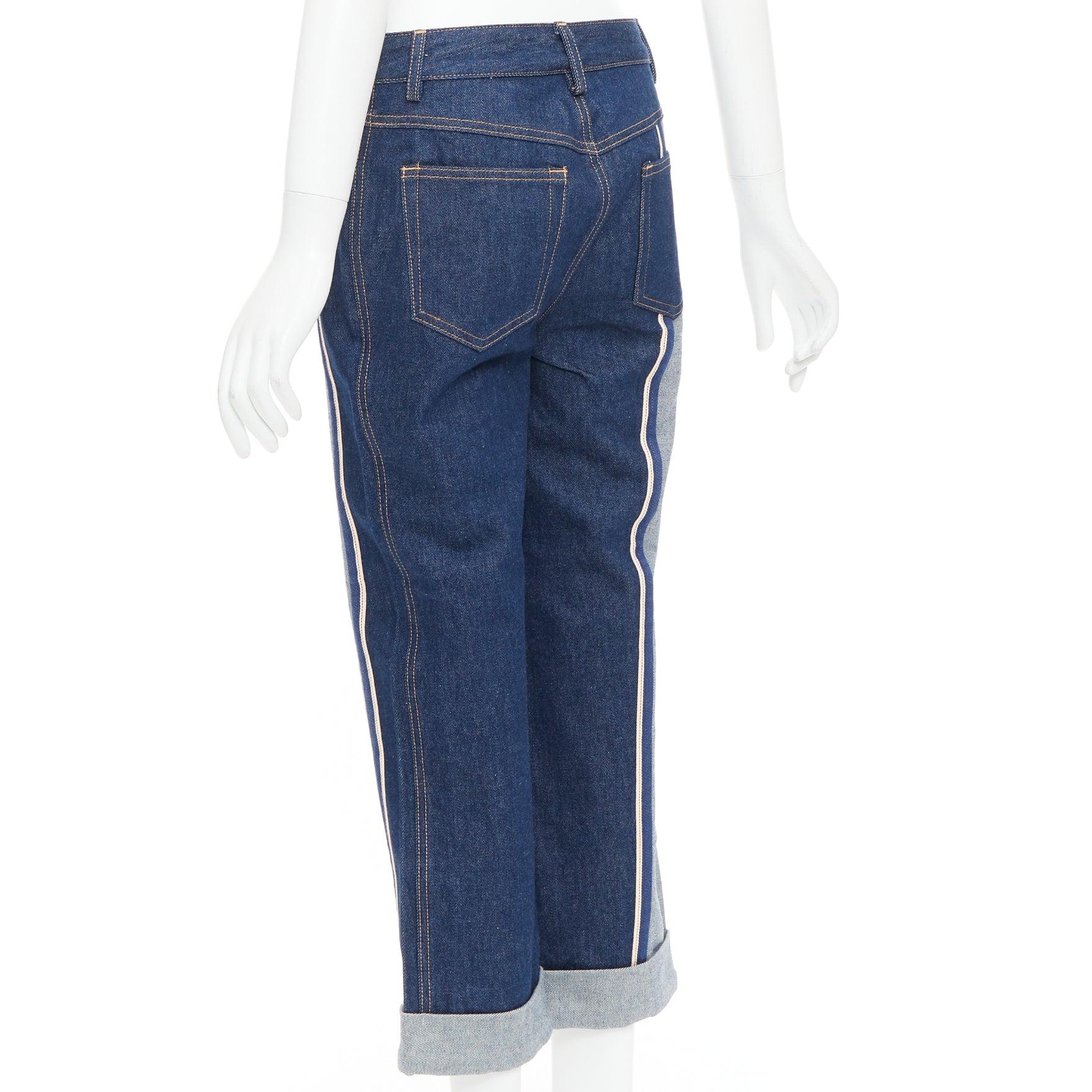 MONSE azul claro oscuro invertido deconstruido patchwork flare cropped jeans US2 S en venta 1