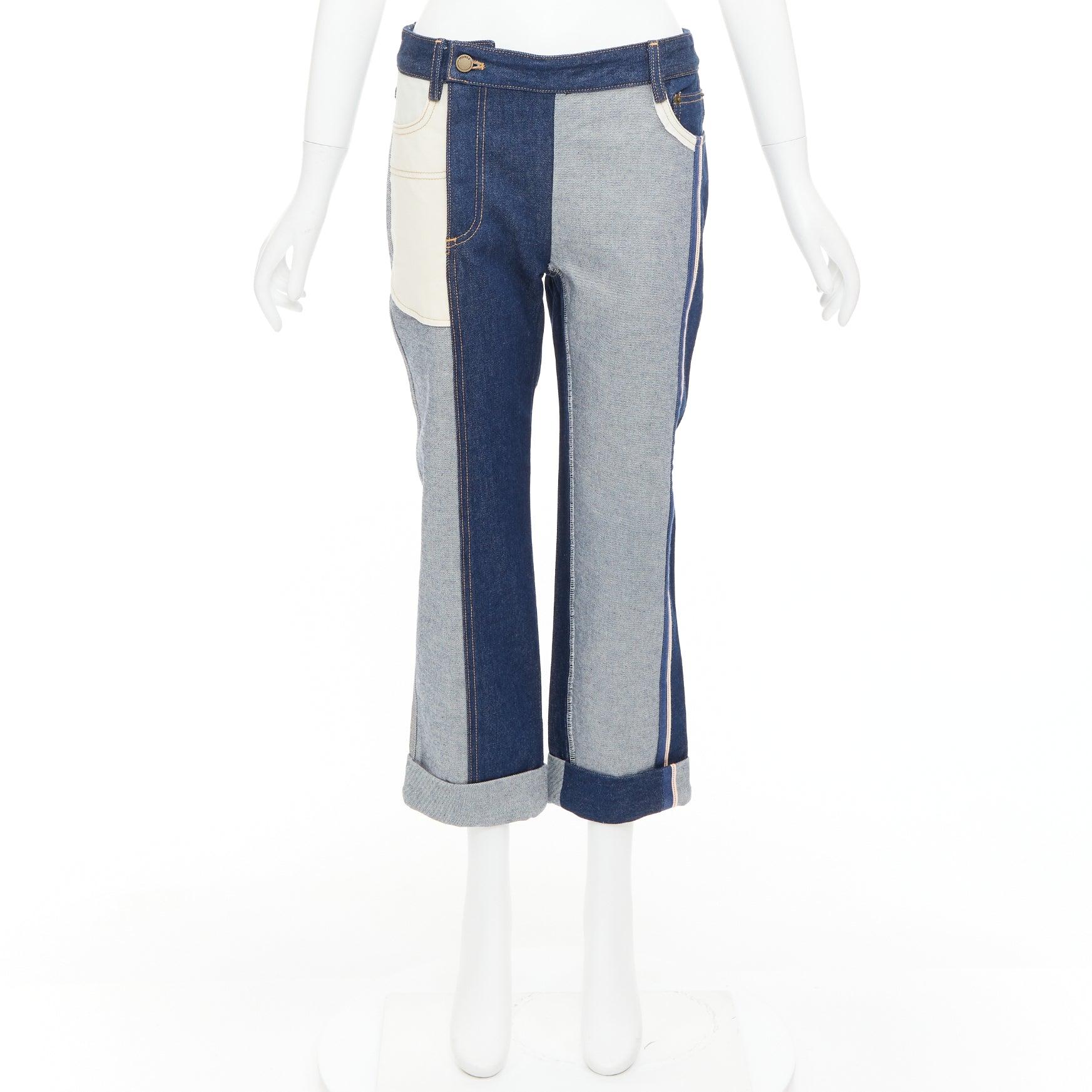 MONSE azul claro oscuro invertido deconstruido patchwork flare cropped jeans US2 S en venta 4