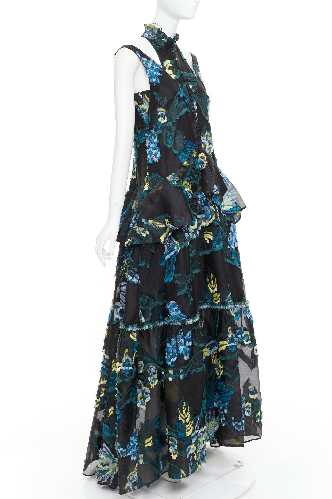 Noir Erdem 2015 Runway noir vert bleu robe à épaules froides en jacquard diaphane. en vente