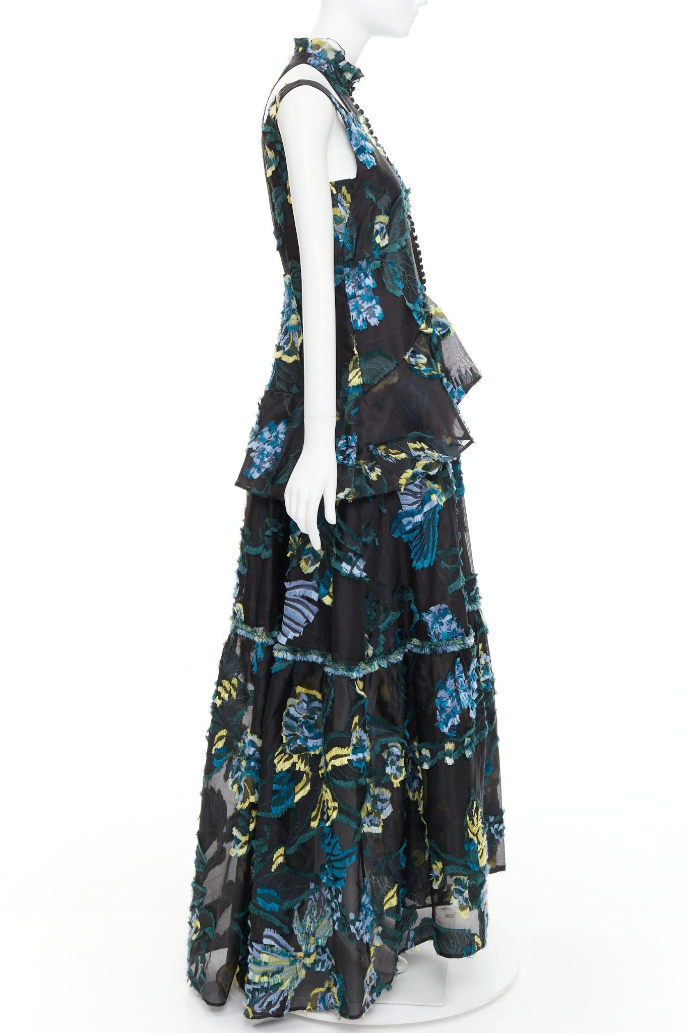 Erdem 2015 Runway noir vert bleu robe à épaules froides en jacquard diaphane. Excellent état - En vente à Hong Kong, NT