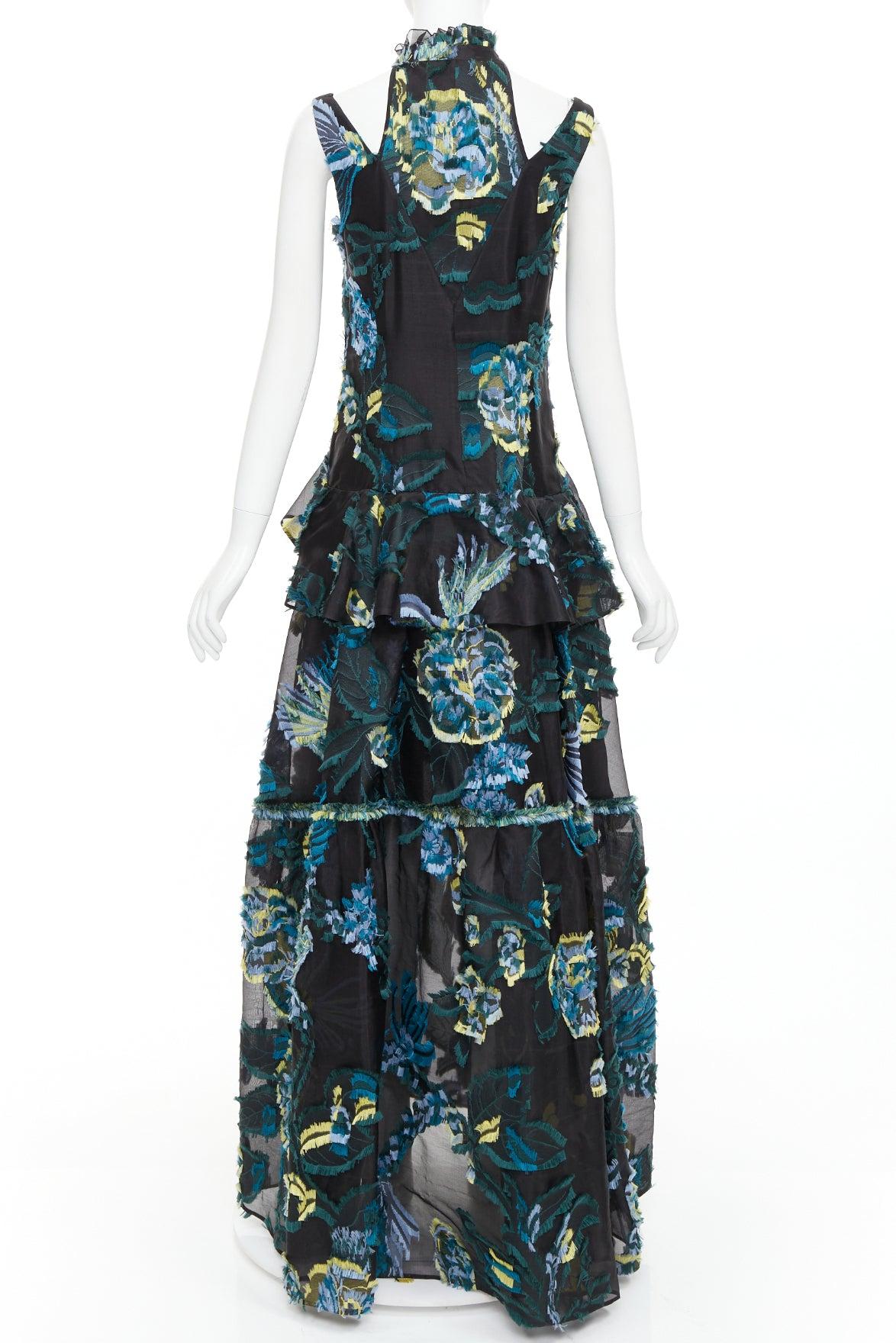 Erdem 2015 Runway noir vert bleu robe à épaules froides en jacquard diaphane. Pour femmes en vente