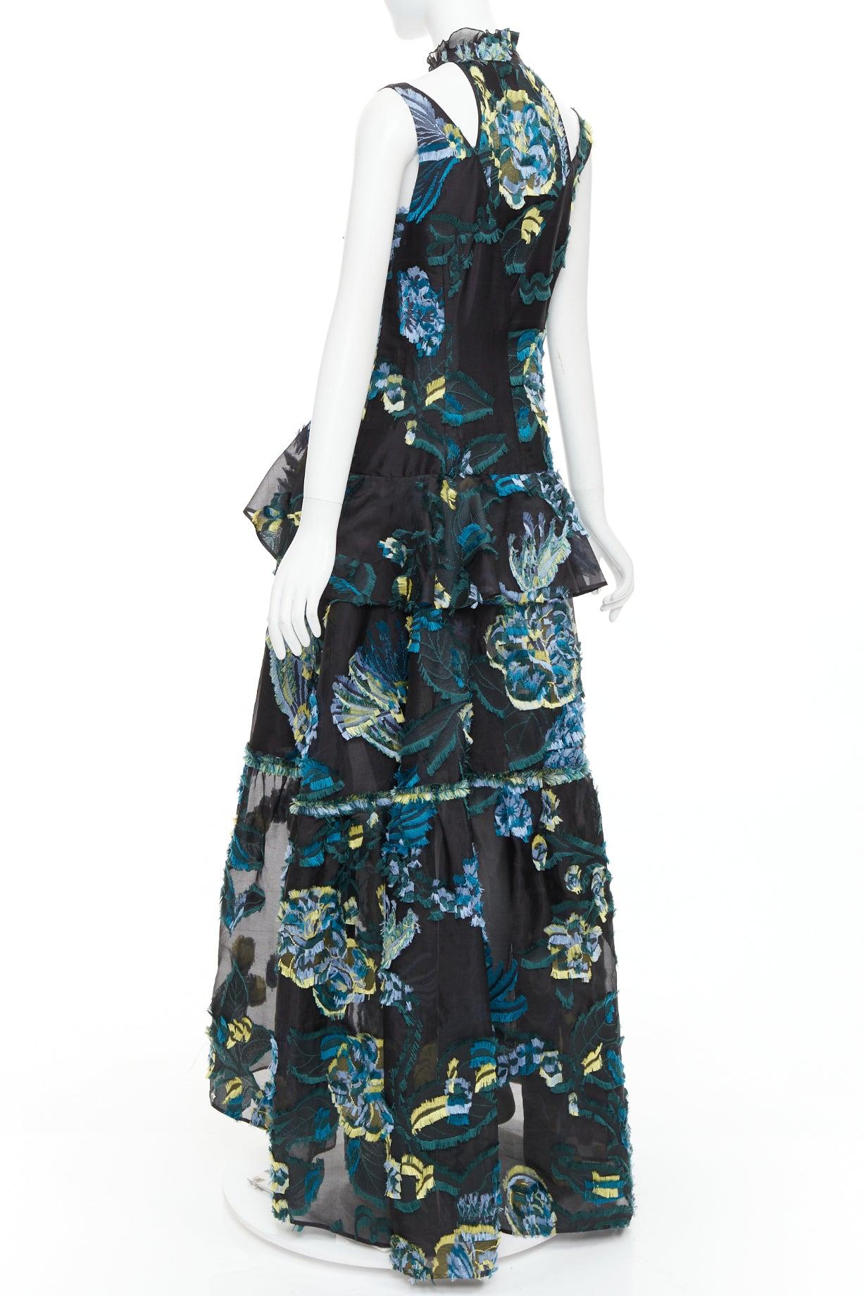 Erdem 2015 Runway noir vert bleu robe à épaules froides en jacquard diaphane. en vente 1