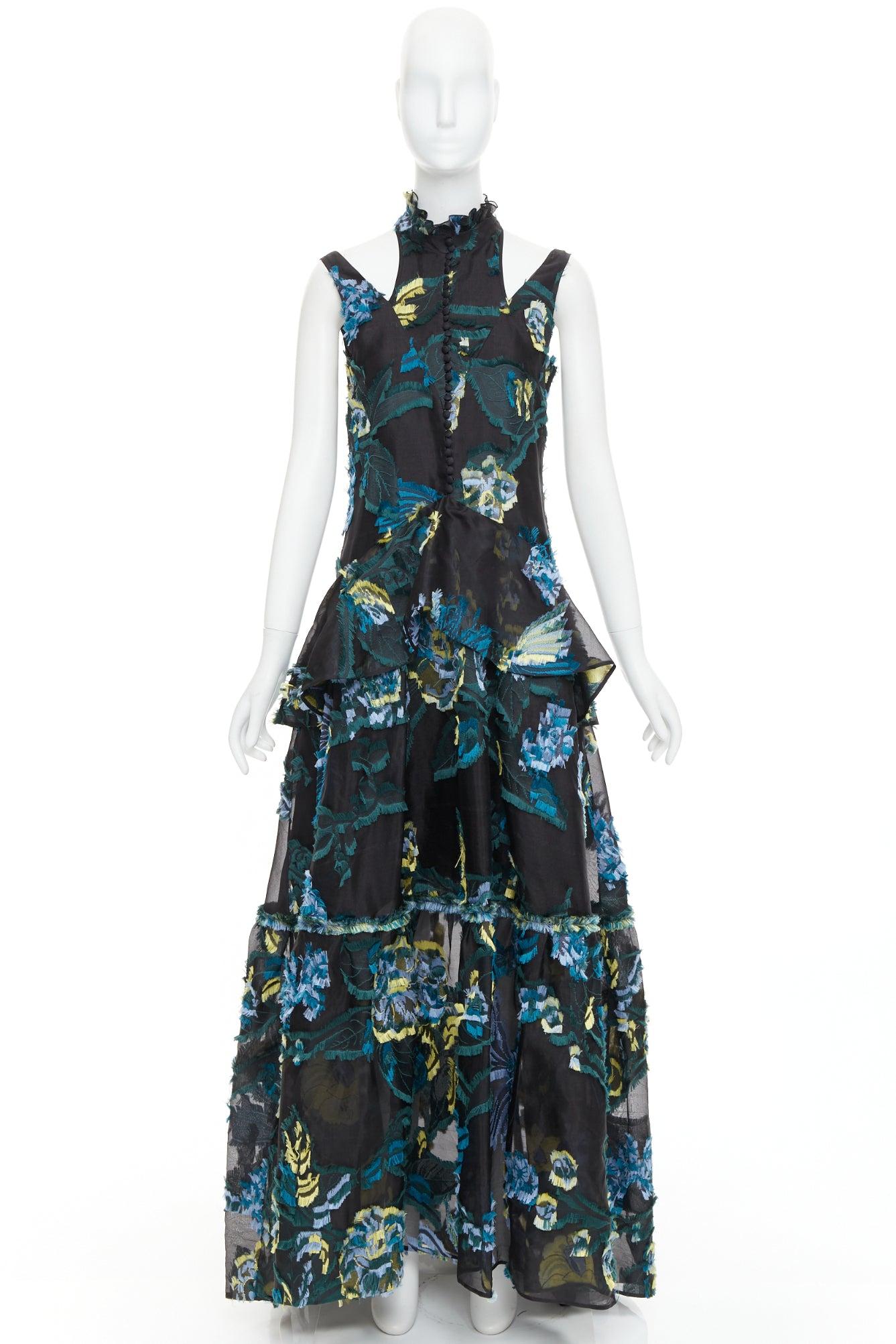 Erdem 2015 Runway noir vert bleu robe à épaules froides en jacquard diaphane. en vente 4
