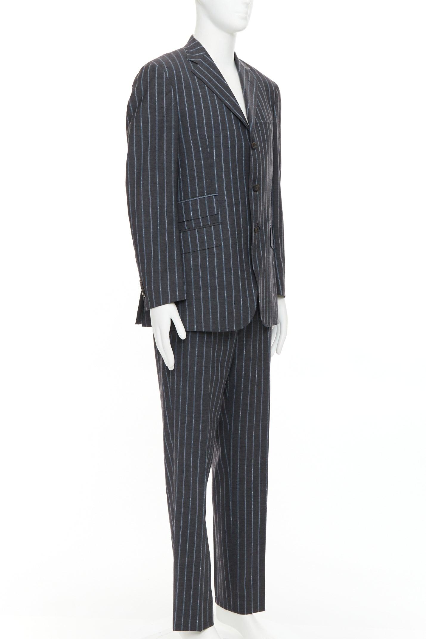 Gris ETRO gris bleu à rayures 100% laine veste de blazer à simple boutonnage IT50 L en vente