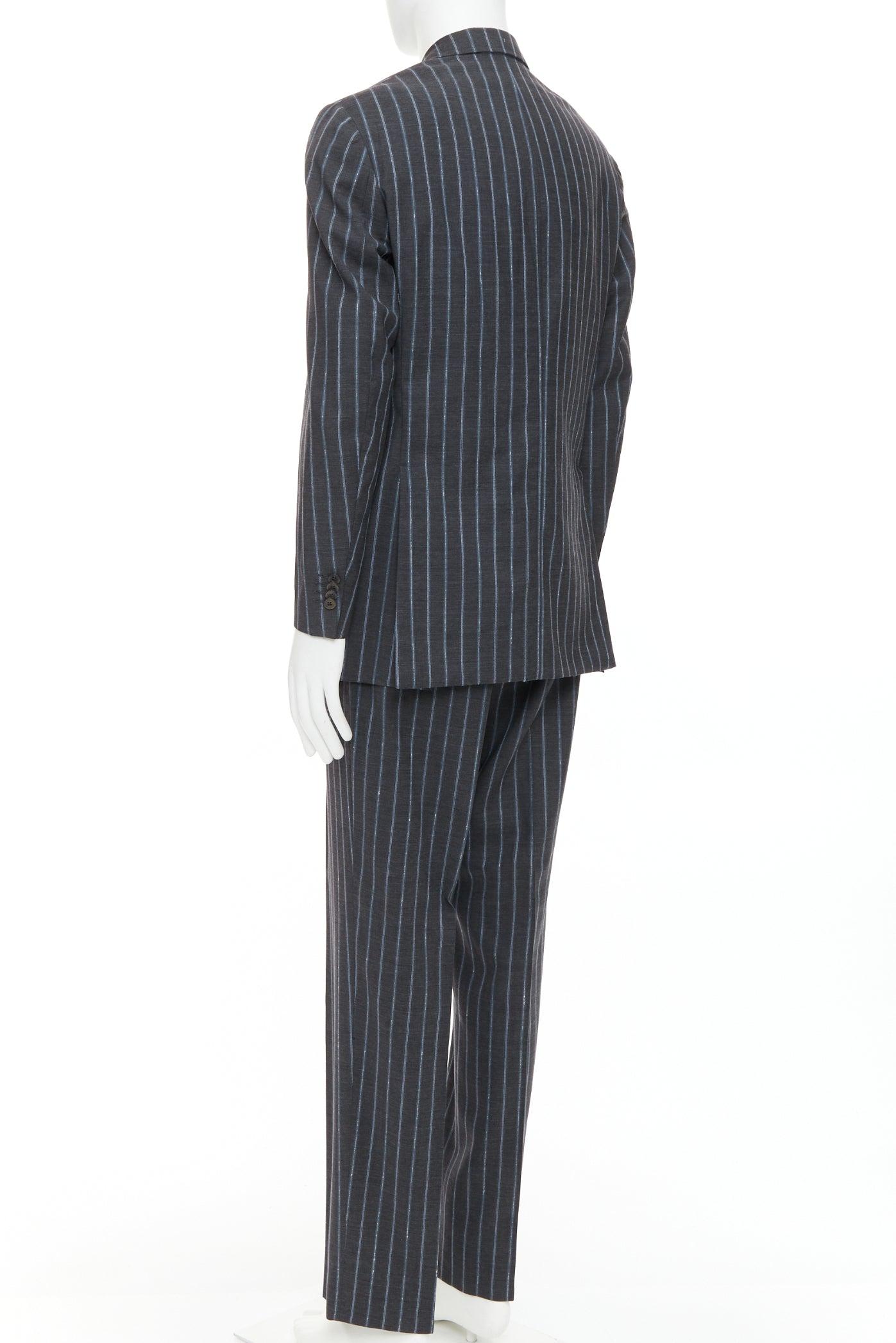 ETRO gris bleu à rayures 100% laine veste de blazer à simple boutonnage IT50 L en vente 1