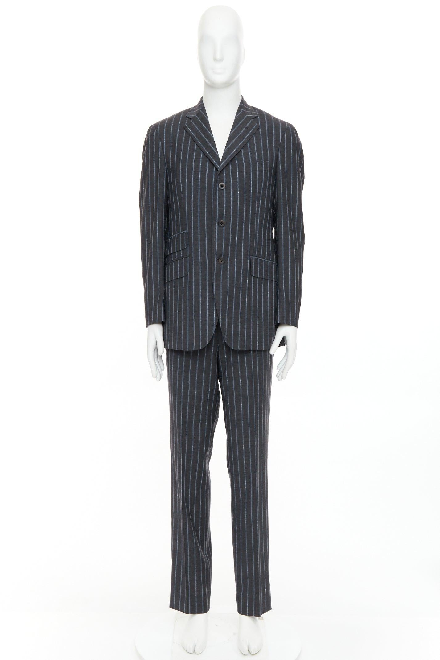 ETRO gris bleu à rayures 100% laine veste de blazer à simple boutonnage IT50 L en vente 6