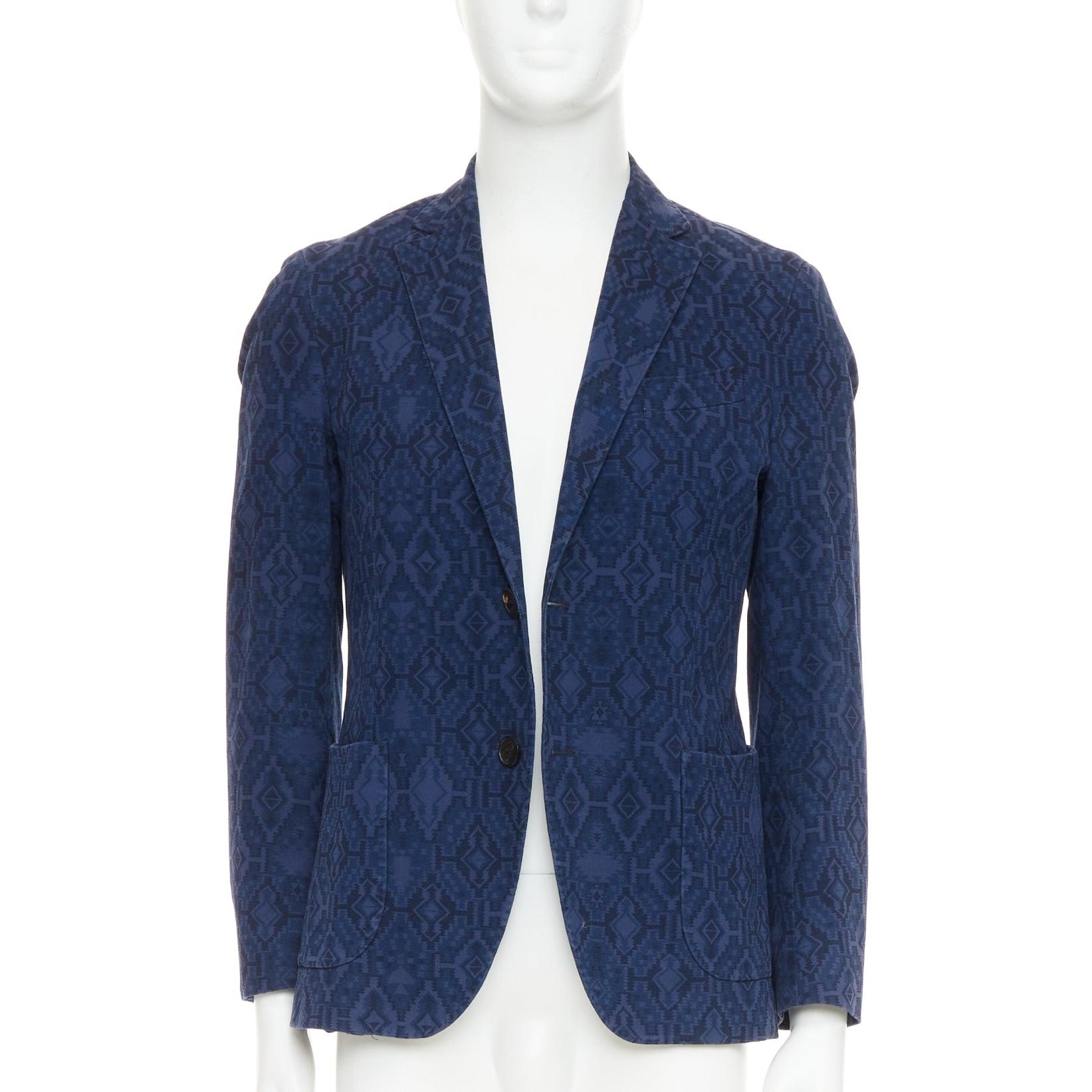 Violet ETRO blazer ajusté à simple boutonnage en coton mélangé marine imprimé aztèque IT48 M en vente
