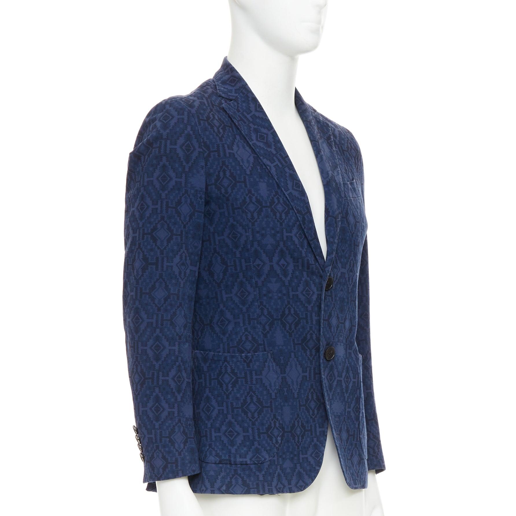 ETRO blazer ajusté à simple boutonnage en coton mélangé marine imprimé aztèque IT48 M Bon état - En vente à Hong Kong, NT