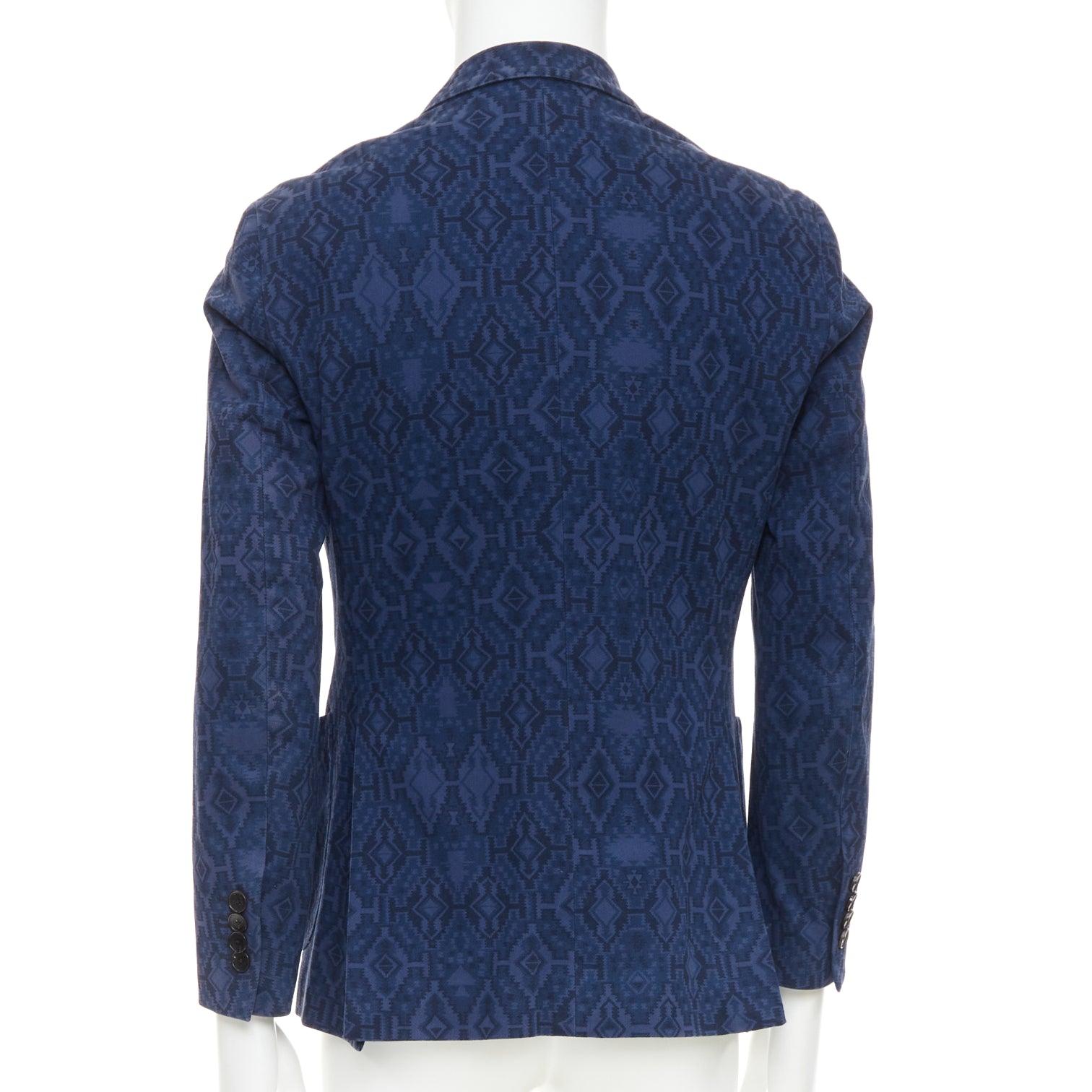 ETRO blazer ajusté à simple boutonnage en coton mélangé marine imprimé aztèque IT48 M en vente 1