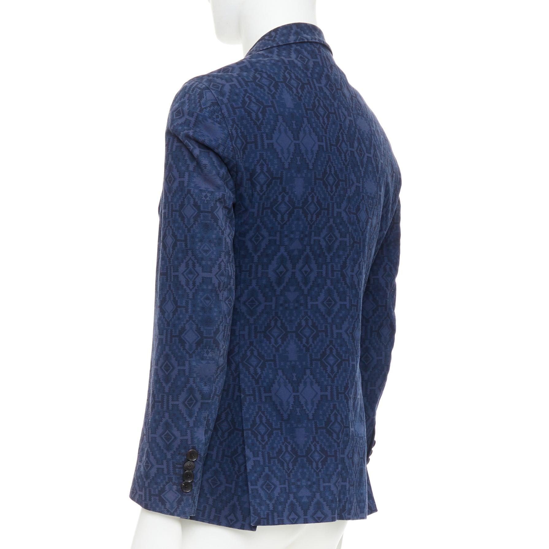 ETRO blazer ajusté à simple boutonnage en coton mélangé marine imprimé aztèque IT48 M en vente 2