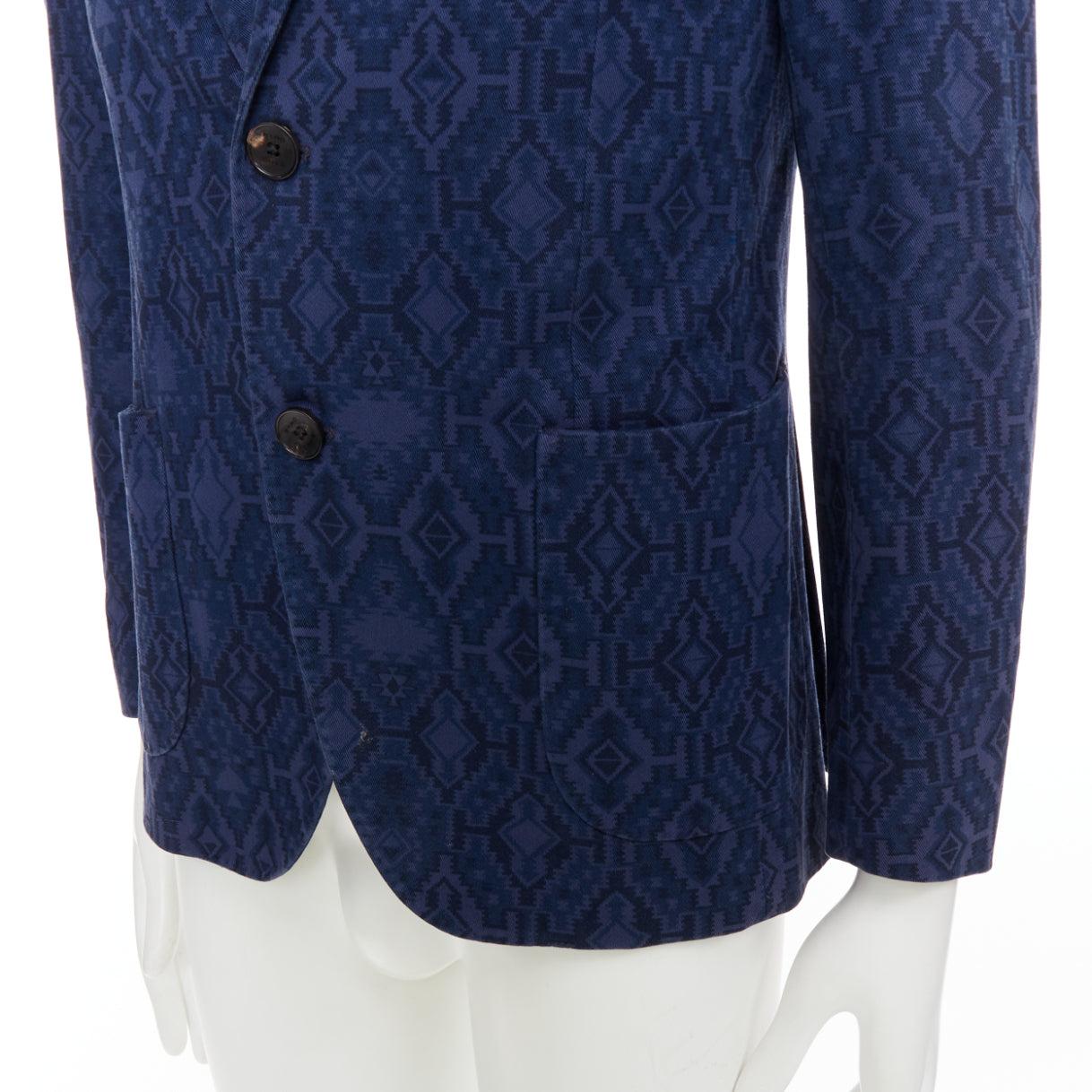 ETRO blazer ajusté à simple boutonnage en coton mélangé marine imprimé aztèque IT48 M en vente 3