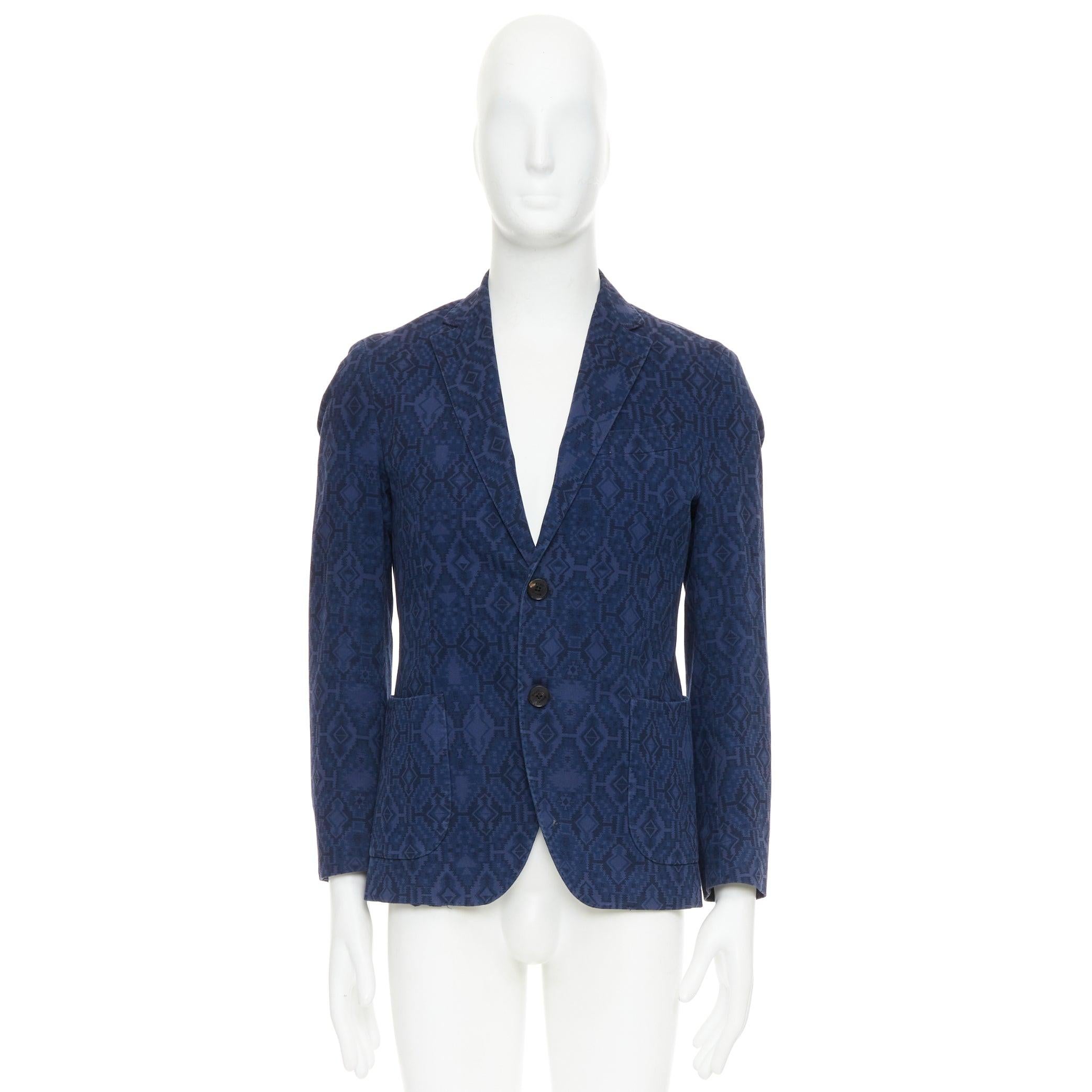 ETRO blazer ajusté à simple boutonnage en coton mélangé marine imprimé aztèque IT48 M en vente 5