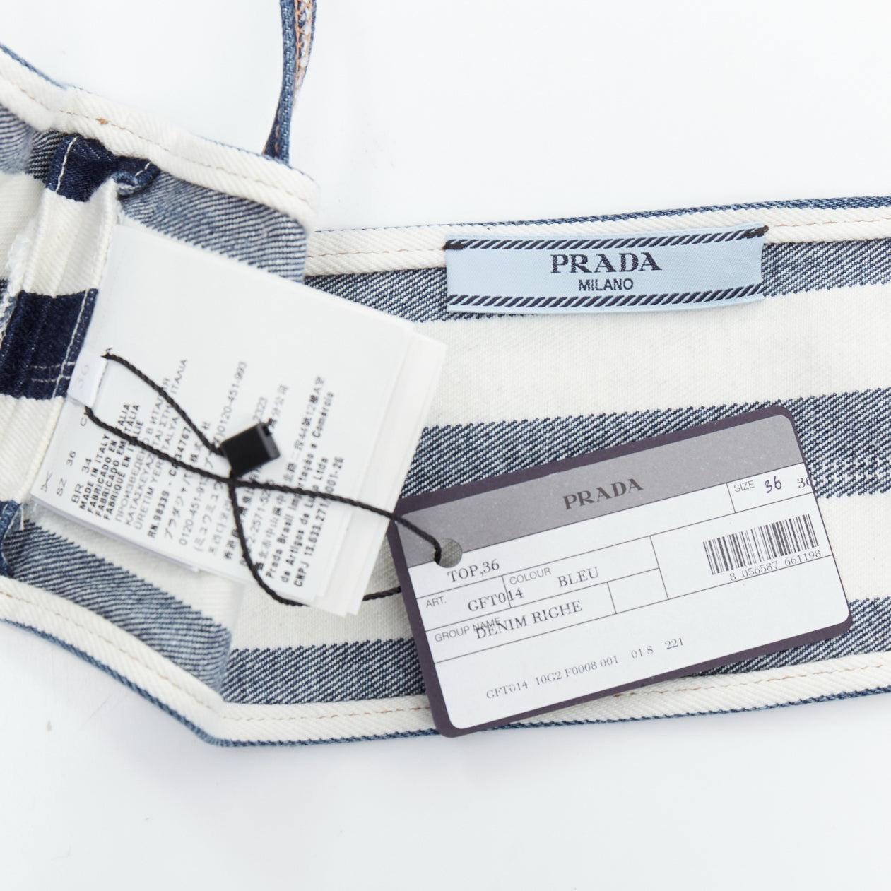 Donna new Prada reggiseno bustier in denim a righe bianche e blu con logo a triangolo IT36 XXS in vendita